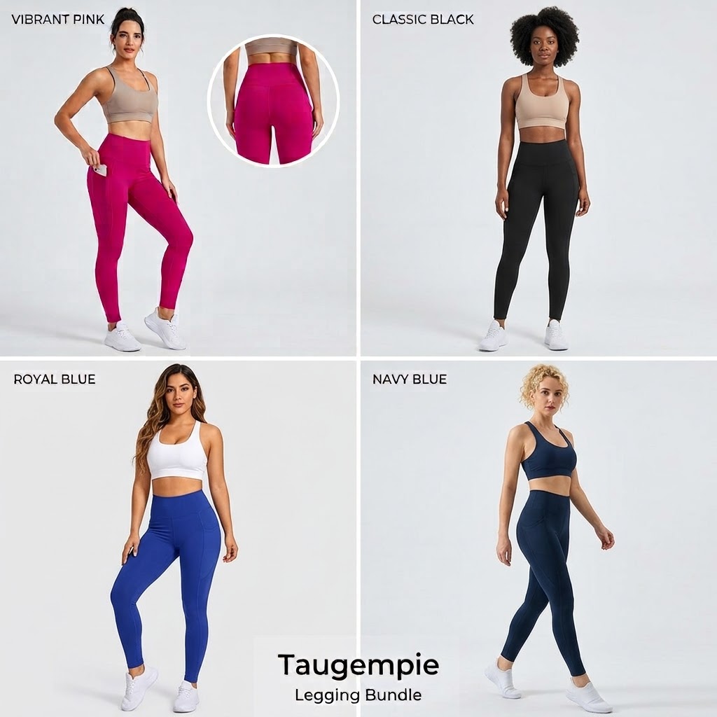 Four women in athletic wear, each in different colored leggings and tops, standing against plain backgrounds.