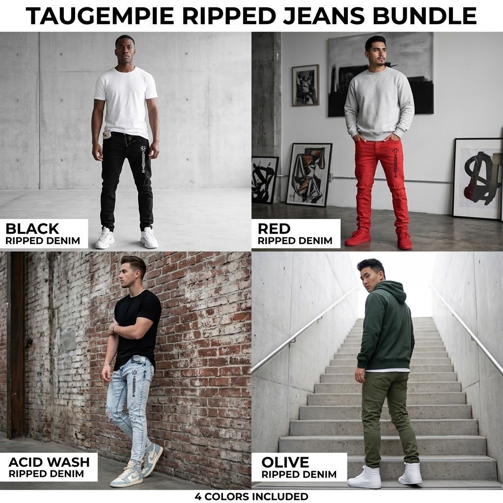 Four men wearing ripped jeans in different colors and styles, standing in various indoor settings.