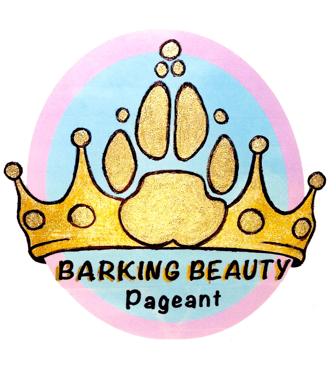 A gold crown with circular details, pink and blue background, and text reading 'BARKING BEAUTY pageant'.