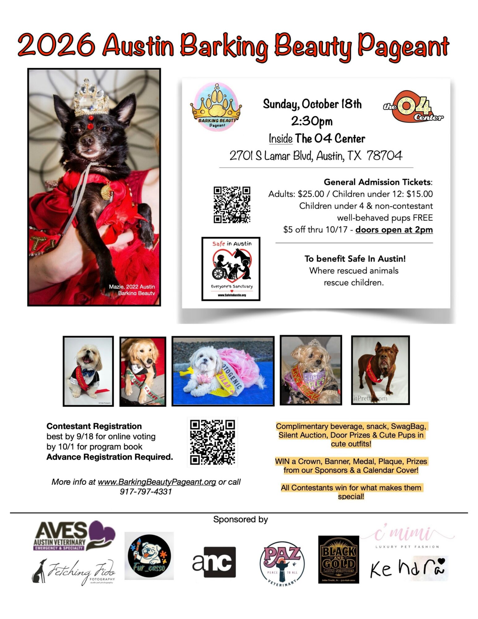 Flyer for 2026 Austin Barking Beauty Pageant with a dog in a red dress, event details, and images of dogs and sponsors.