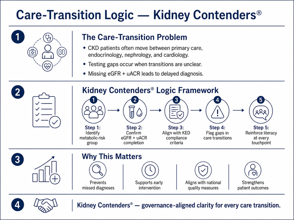 Diagram explaining kidney transition logic, framework, importance, and governance for medical transitions, with icons and numbered steps.
