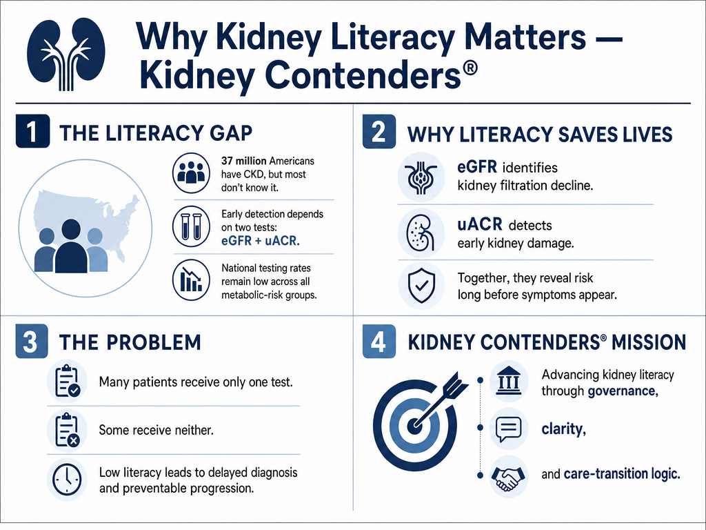 Infographic with four sections explaining kidney literacy importance, literacy gap, problem, and mission, using icons and text.