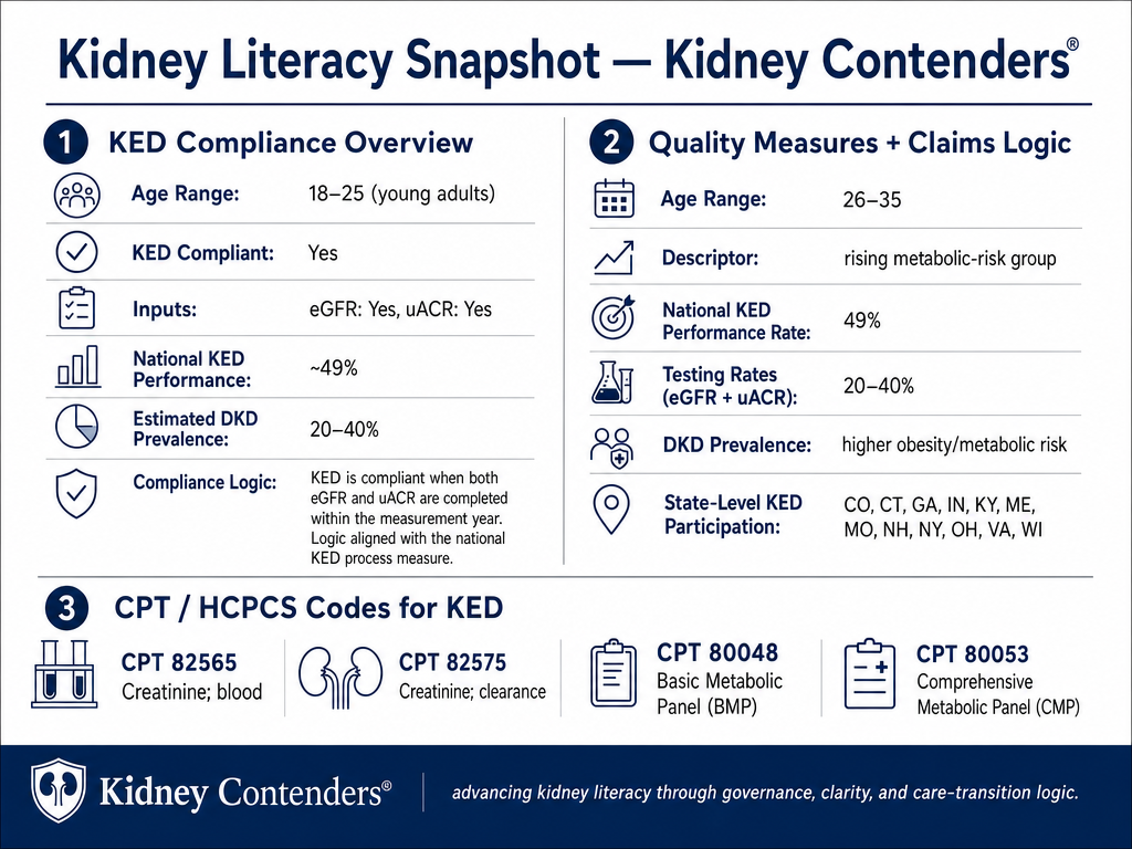 Table with kidney literacy data, including compliance overview, quality measures, and CPT codes, with icons and text details.