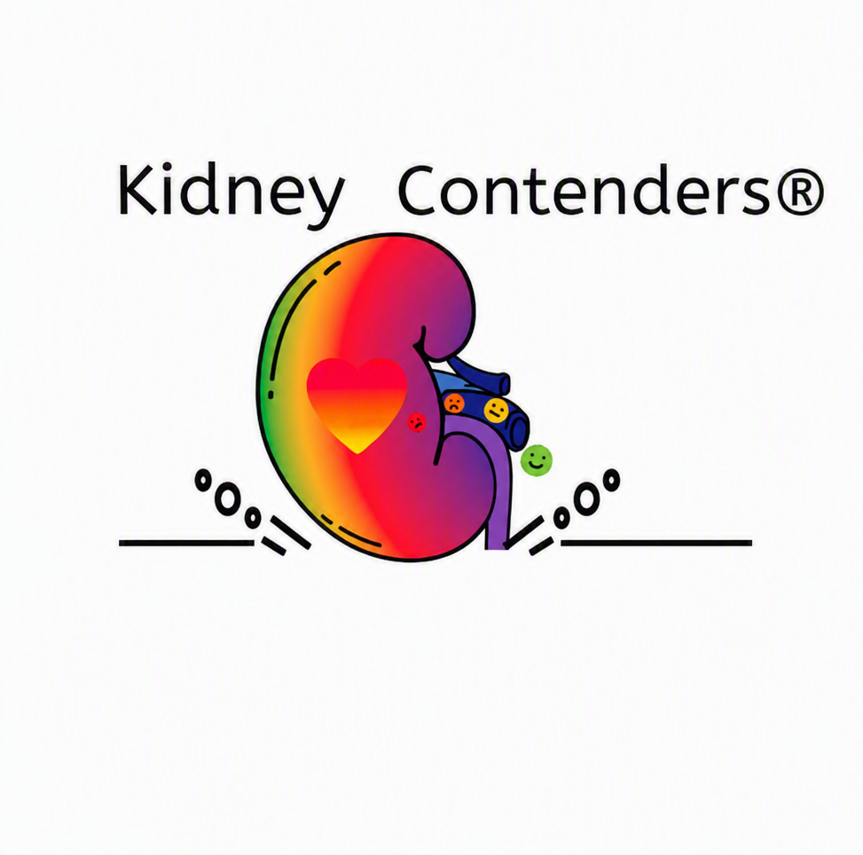 Colorful kidney illustration with text 'Kidney Contenders®' above, featuring a rainbow kidney with a heart and a small green smiley face.