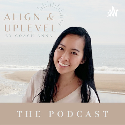 Smiling woman with long dark hair on a beach, ocean in background, text about a podcast, light sky, calm scene.