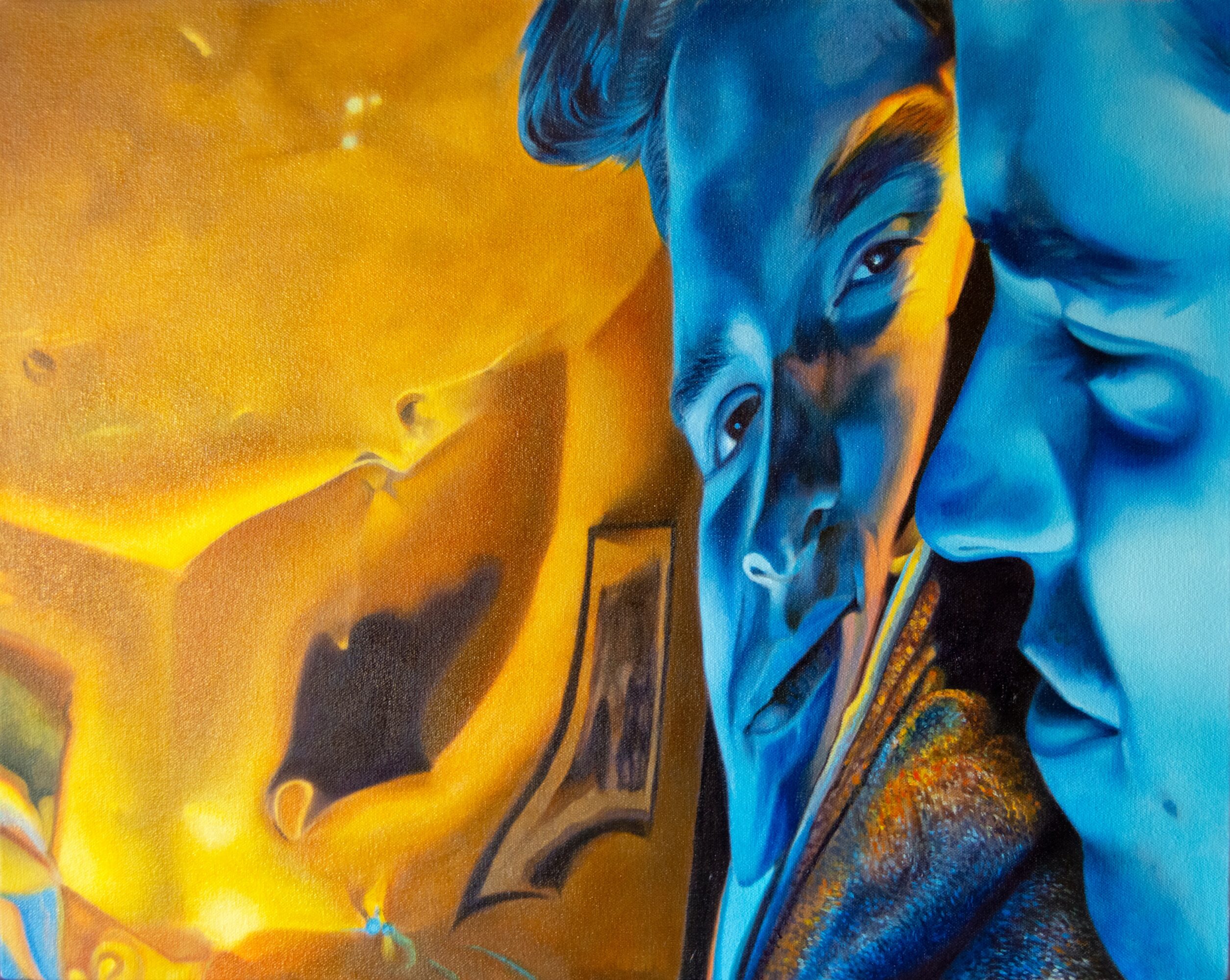 Two blue-toned faces of young men looking at a mirror, with a yellow background and abstract elements.