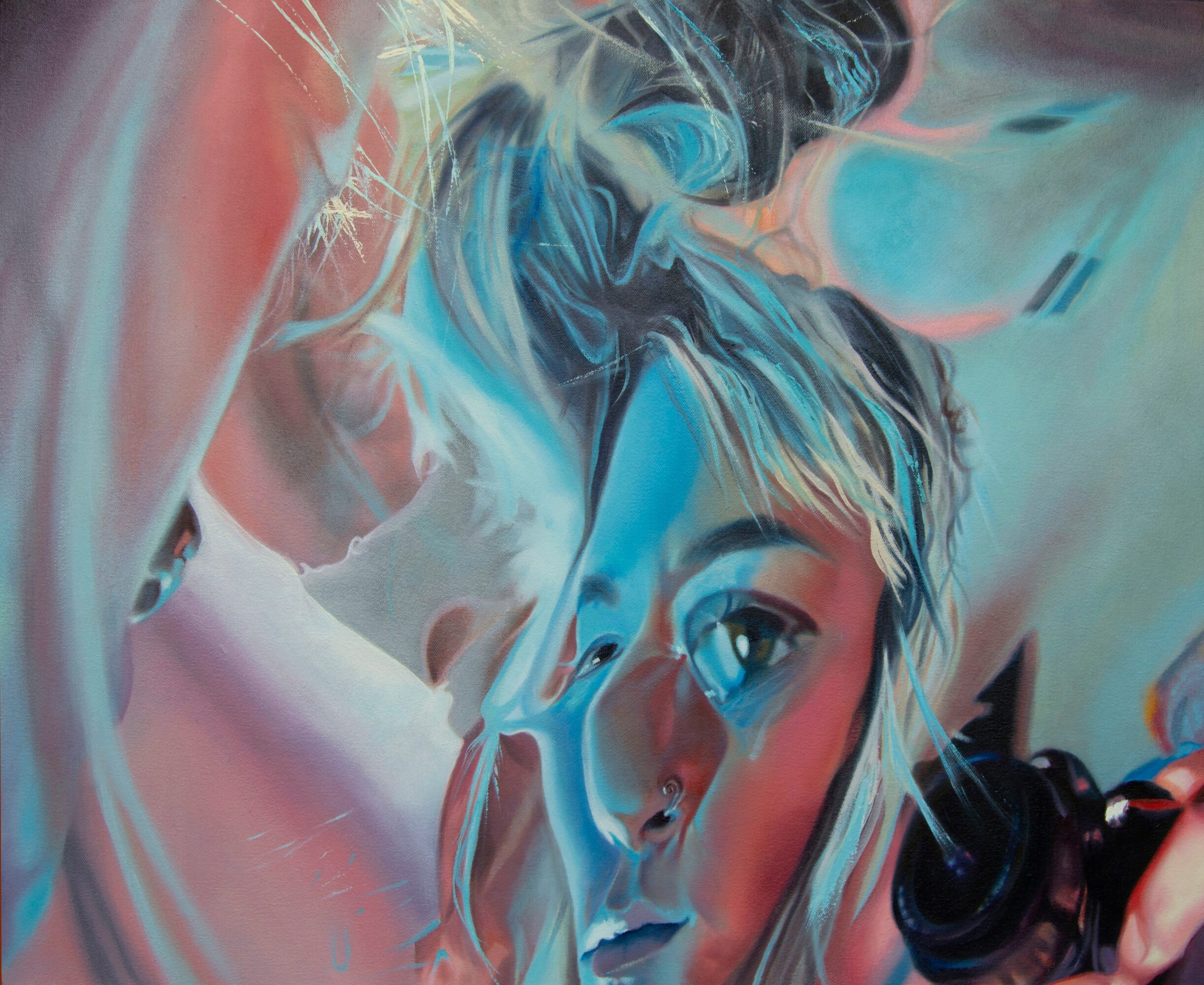 Close-up of a woman's face with colorful, abstract painting style, showing her eyes, nose, and part of her hair.
