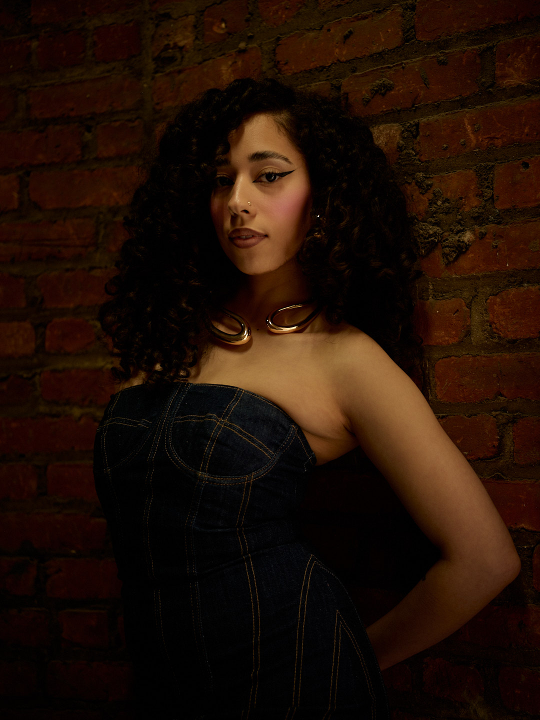 Young woman with curly hair poses against a brick wall, wearing a strapless dark plaid dress, looking at the camera.
