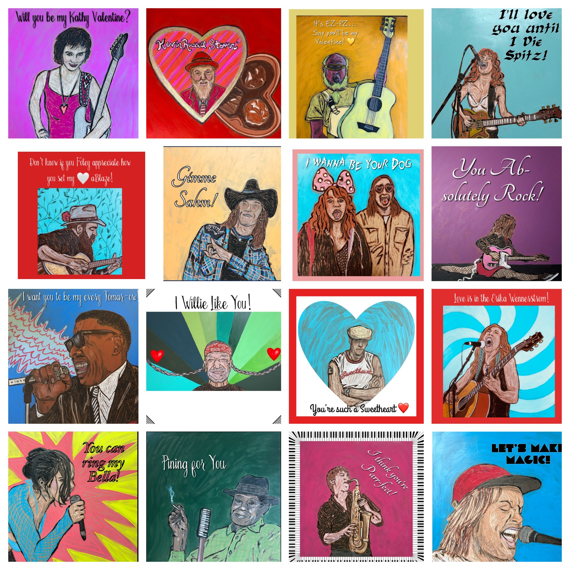 Collage of 16 colorful images with people, music, and love themes, including guitars, hearts, and singing.