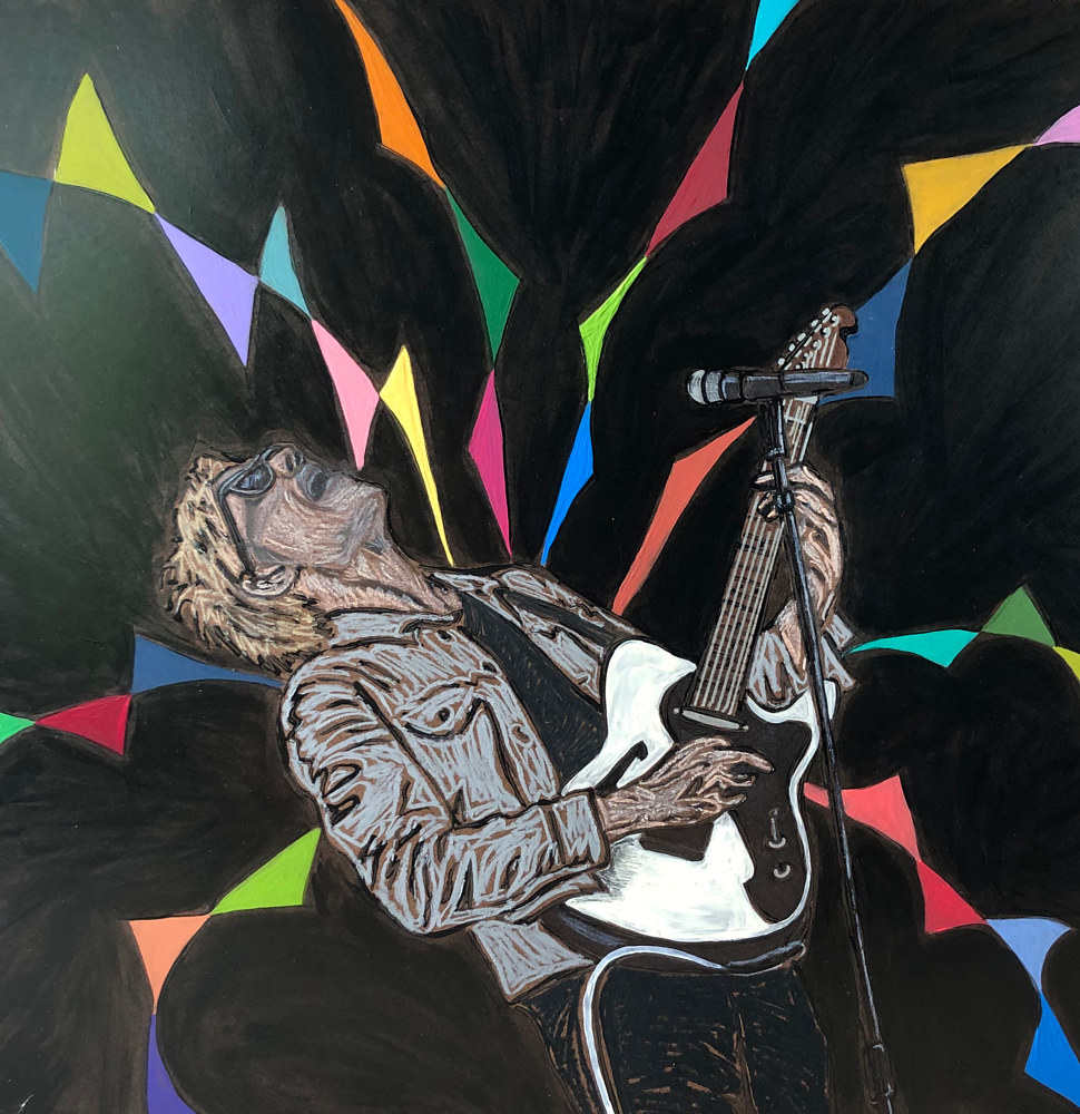 A person with a tiger mask playing an electric guitar on a colorful abstract background.