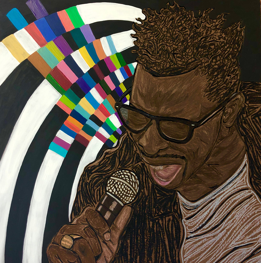 Person singing into a microphone with colorful abstract background, wearing glasses and a striped shirt.
