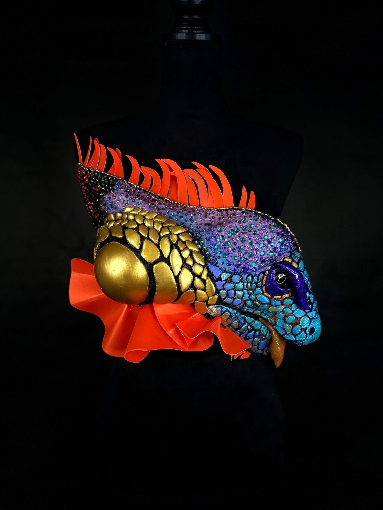 Colorful fish with blue, yellow, and purple scales, red fins, and a black background.