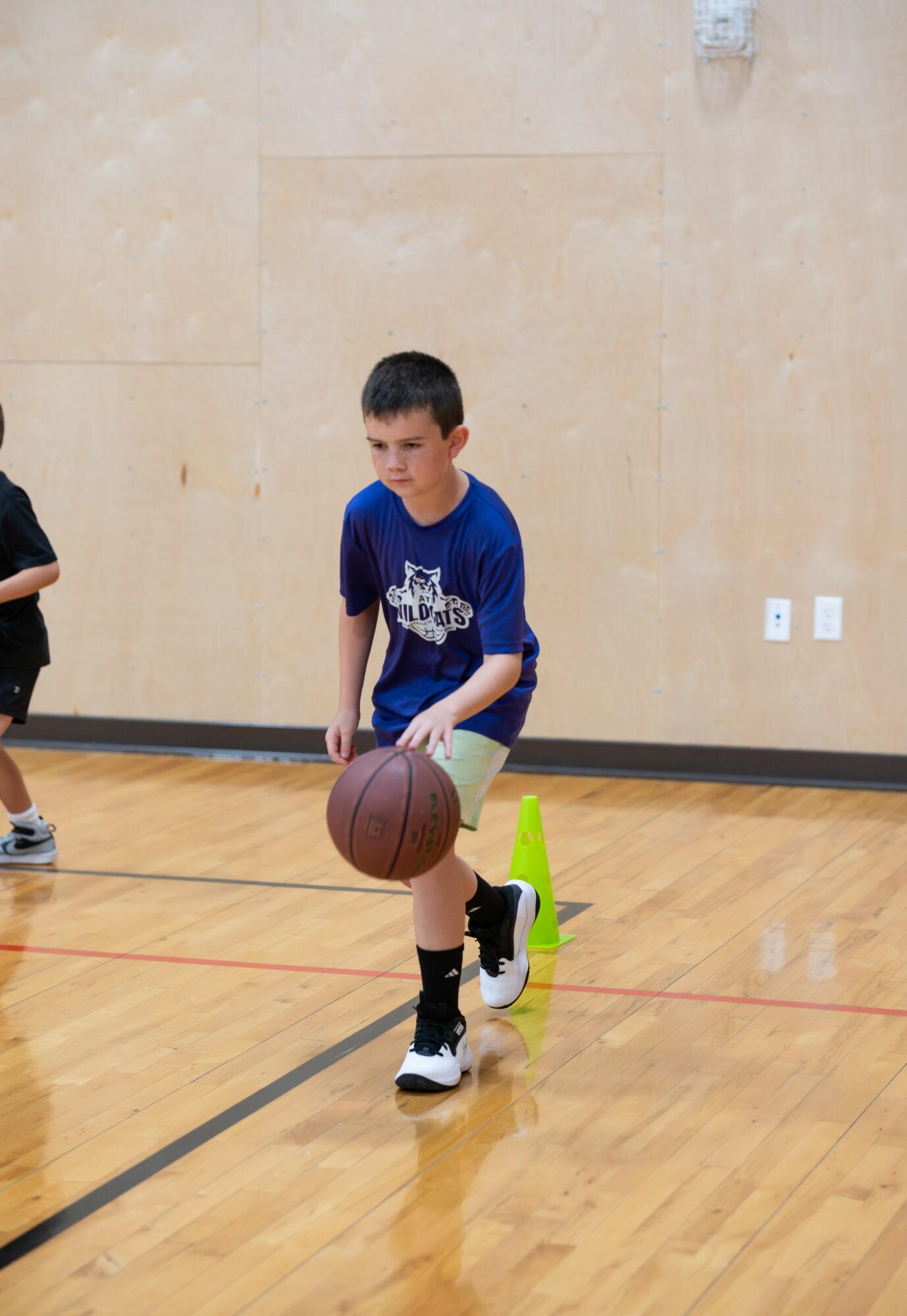 Boy in blue shirt dribbling basketball around a cone on a gym floor.
