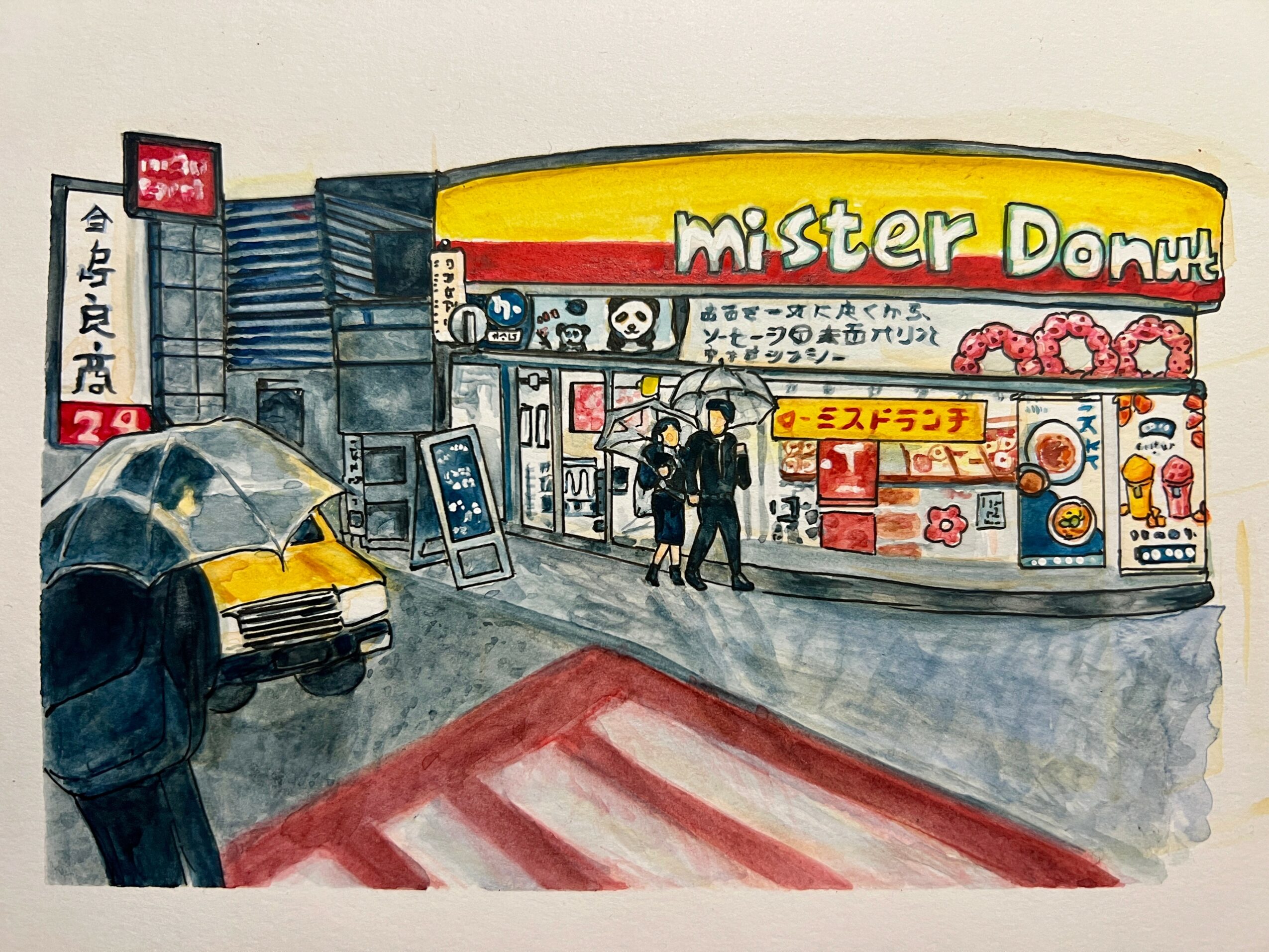 Street scene with a Mister Donut shop, people walking, a person with an umbrella, and a yellow car nearby.
