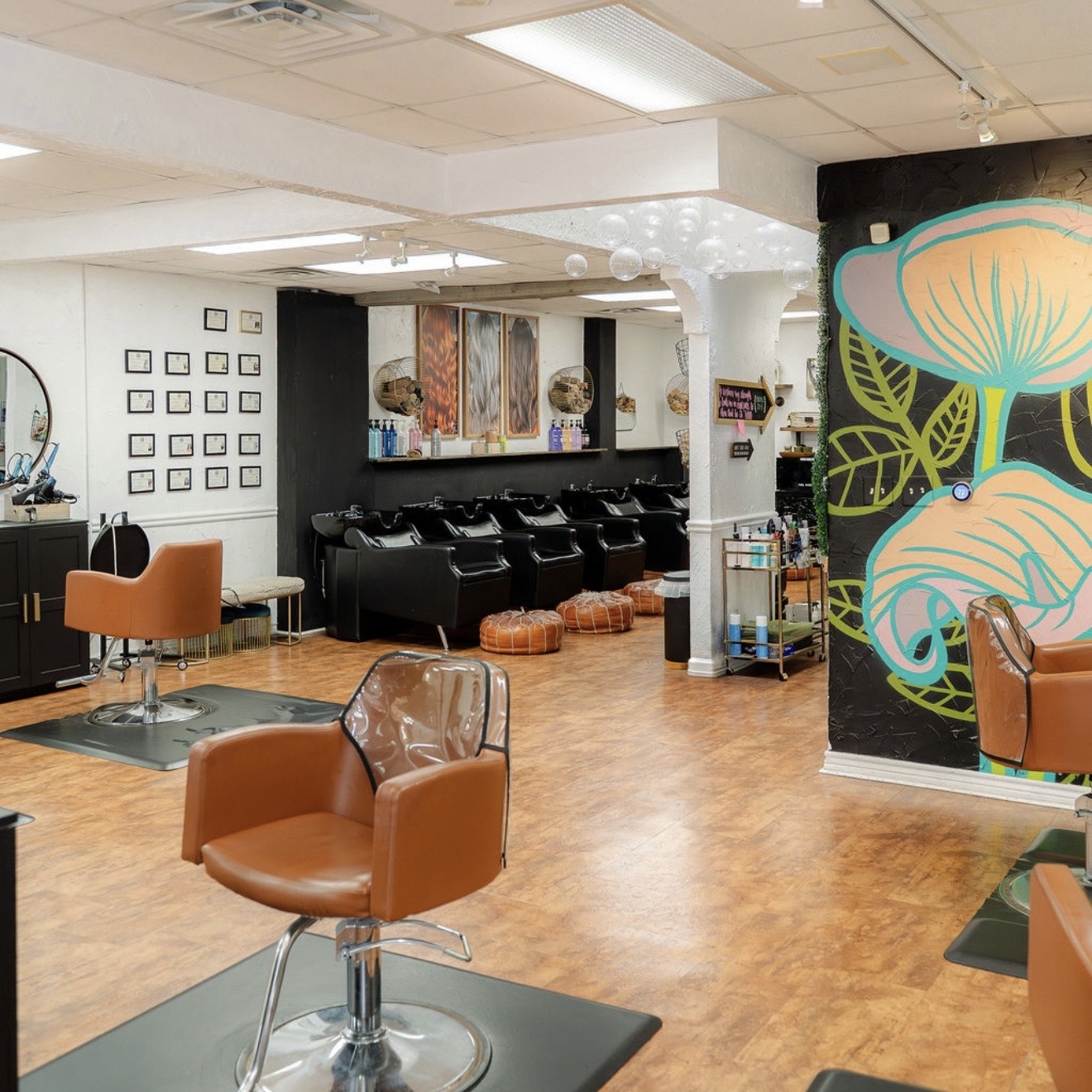 Salon interior with chairs, mirrors, and wall art, featuring a colorful floral mural on the right wall.
