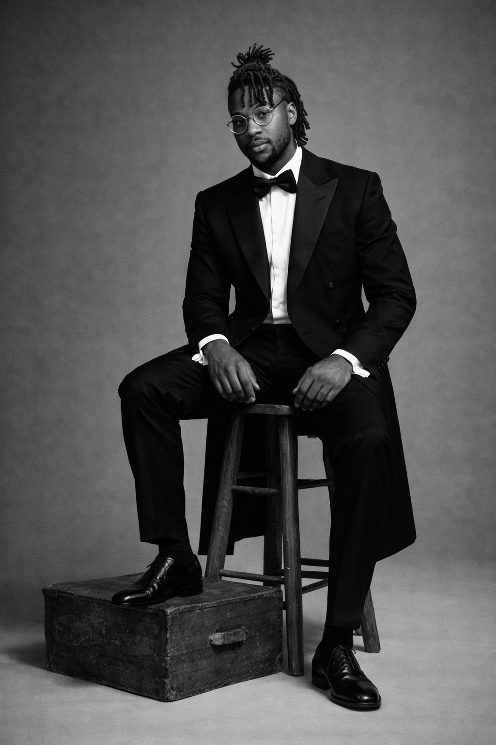 Man in tuxedo sitting on a stool, looking at camera, black and white photo.