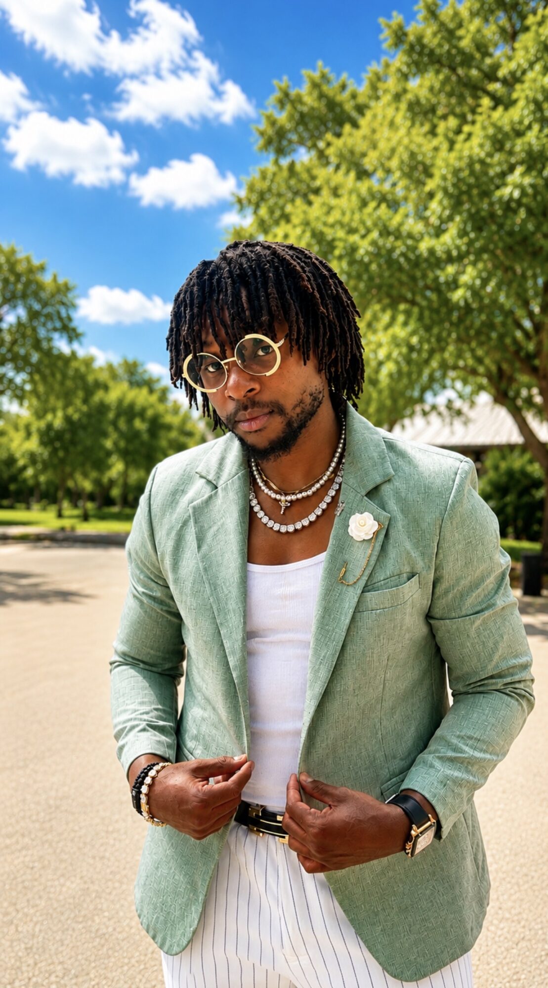 Man with glasses and dreadlocks wearing a light green blazer and white shirt outdoors under blue sky and green trees