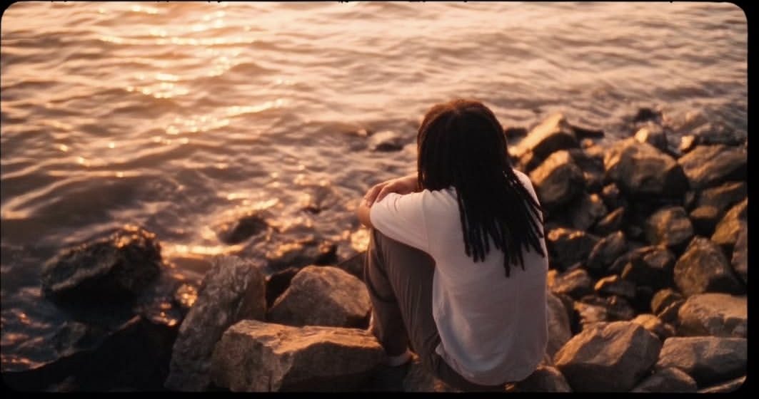 Person sitting on rocks by water during sunset, facing away, with long dark hair and white shirt.