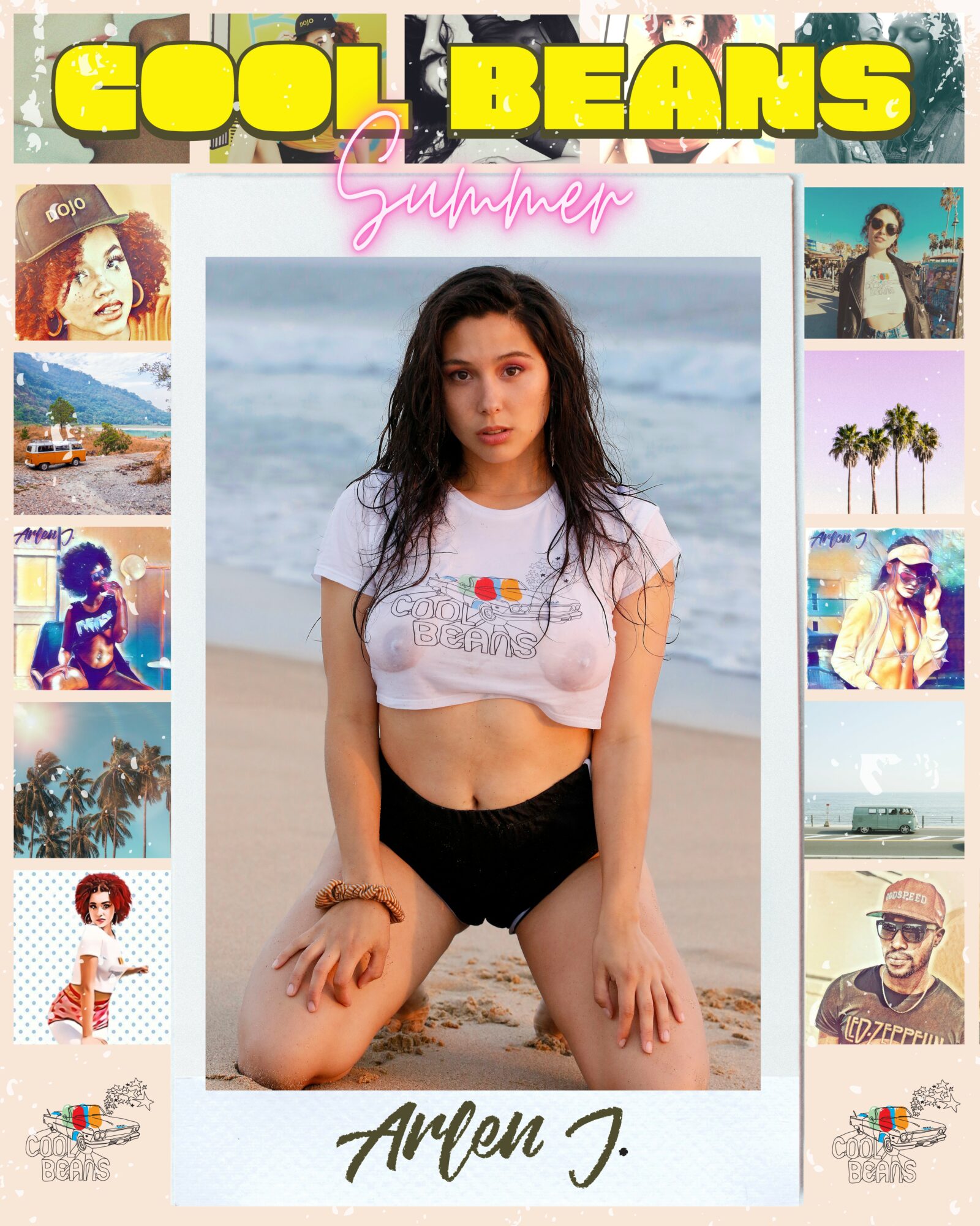 Young woman kneeling on beach with ocean background, wearing a white crop top and black shorts, surrounded by colorful collage images.