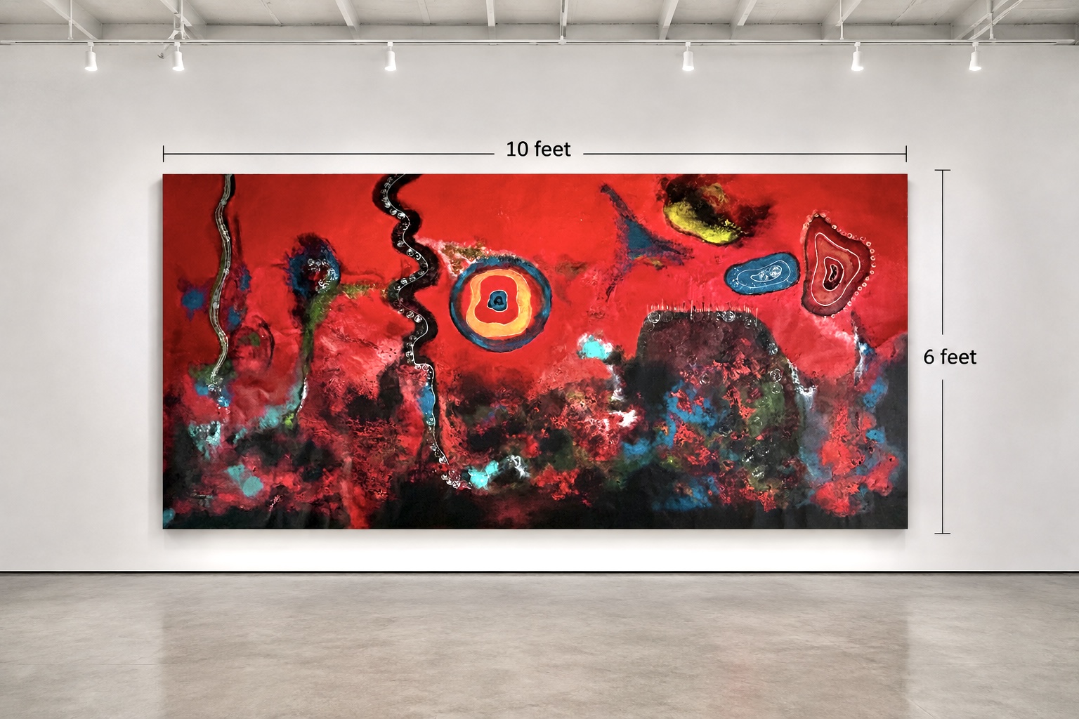 Large abstract painting with red background, black, yellow, blue, and green shapes, and textured patterns, measuring 10 feet by 6 feet.