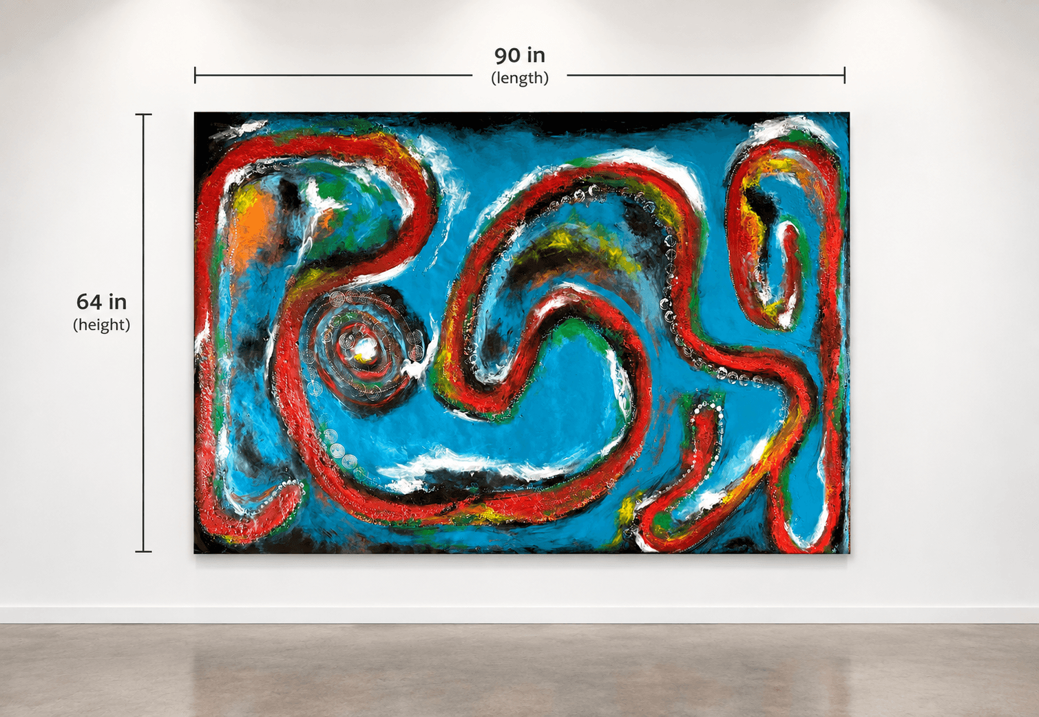Abstract colorful painting with swirling shapes on a blue background, measuring 64 inches high and 90 inches wide.