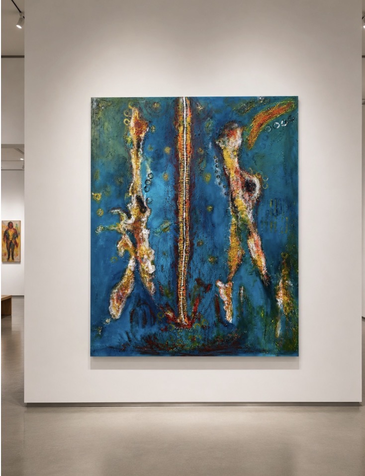 Abstract painting with blue, green, yellow, and orange colors, featuring vertical textured lines and shapes.