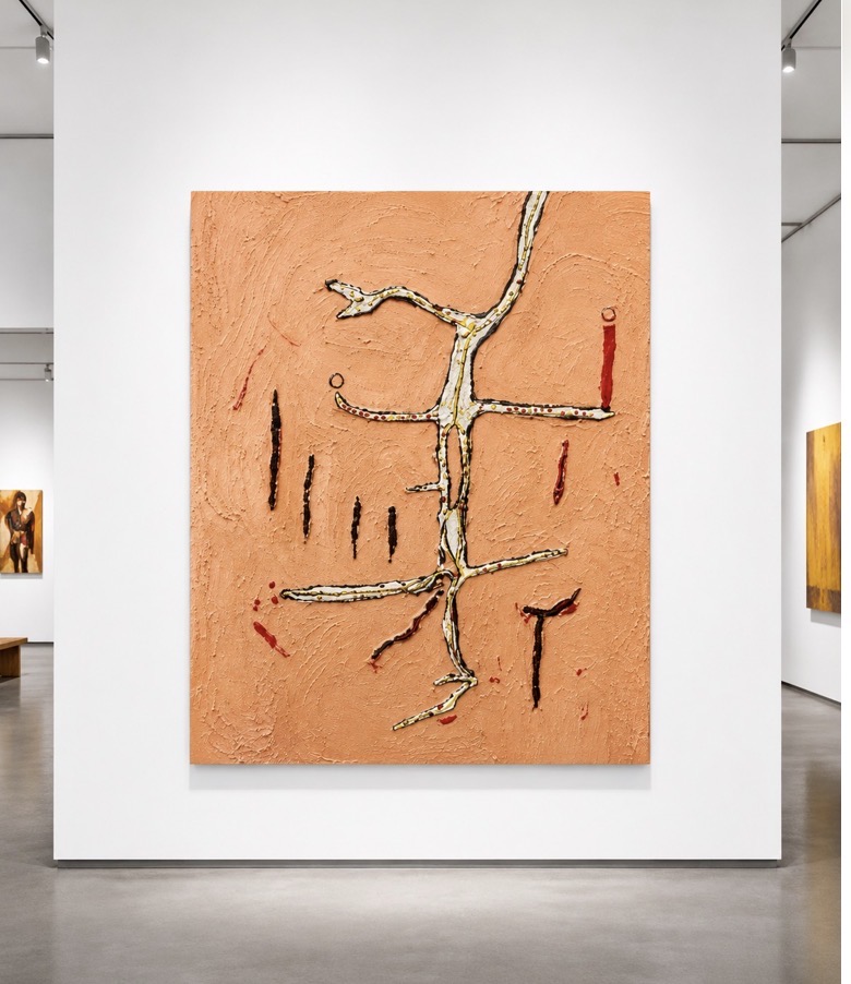 Abstract artwork with a central tree-like structure on a peach background, with red and black accents, displayed in a gallery.