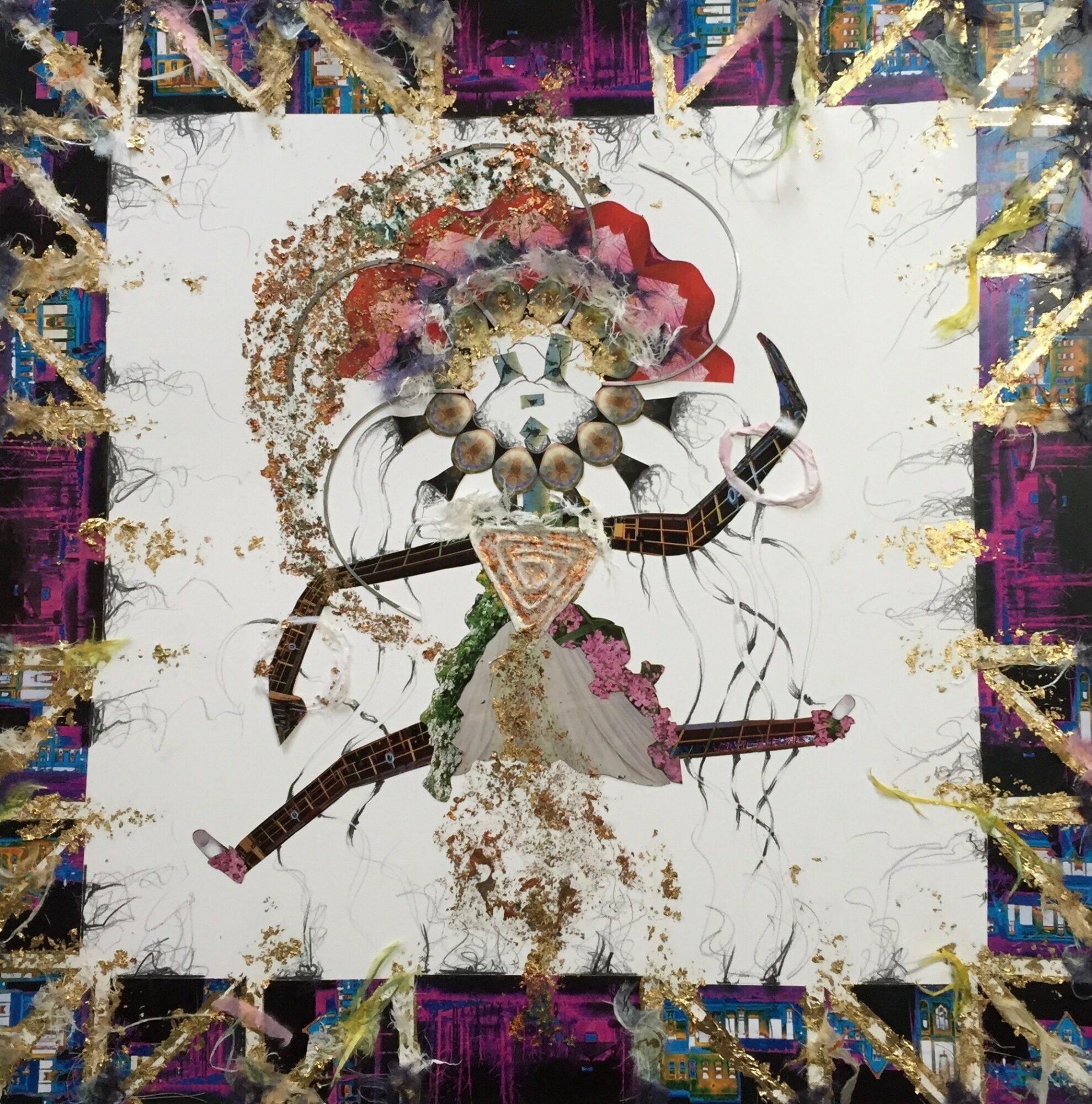 Abstract artwork with a central circular pattern, colorful shapes, and a border with gold and purple accents.