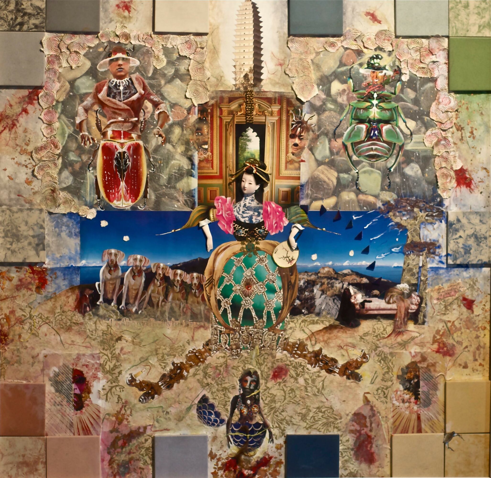 Colorful collage with dolls, animals, and scenery, including a central doll with a green dress and a background of flowers.