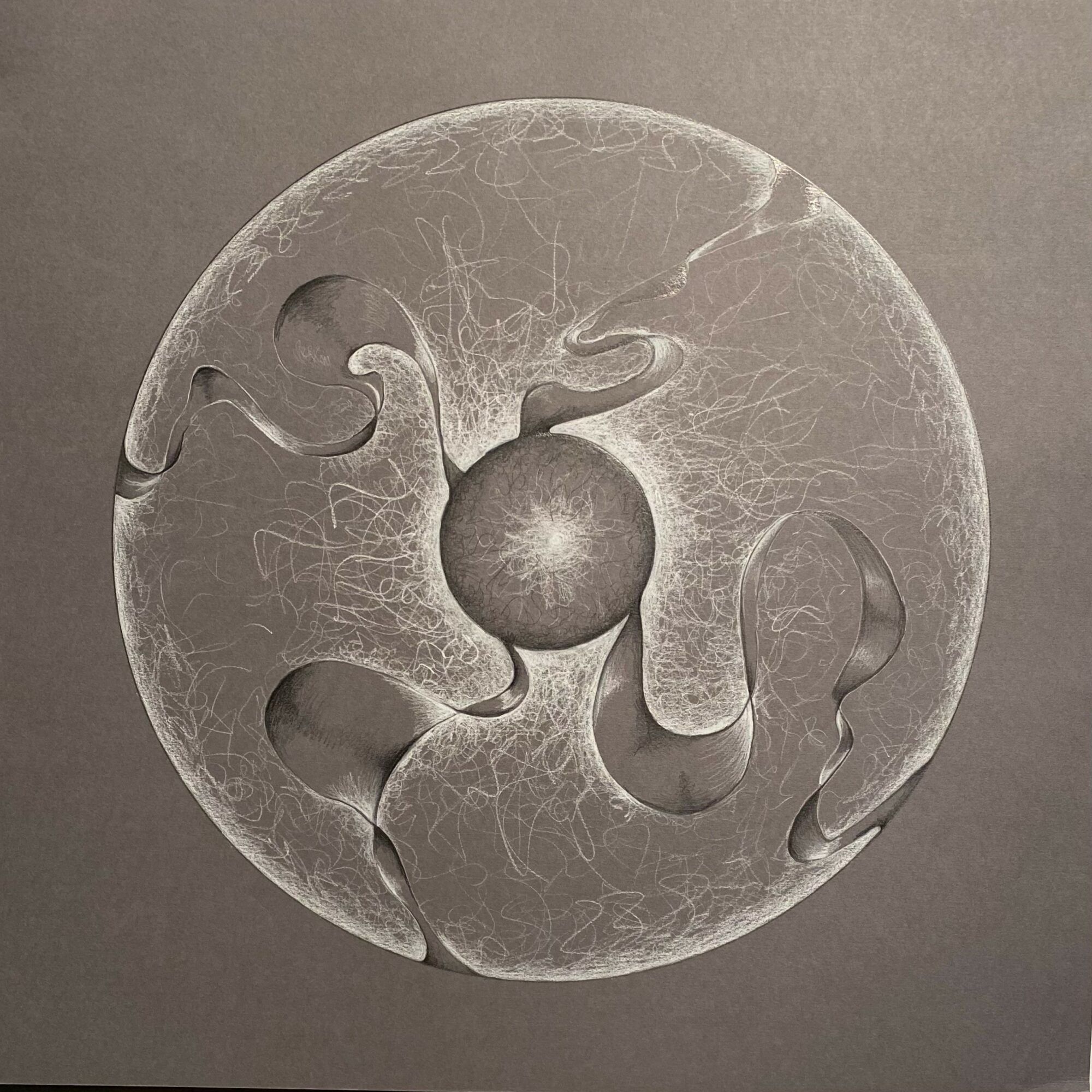 A circular, abstract image with a central sphere and flowing, ribbon-like structures extending outward, resembling a scientific or artistic visualization.