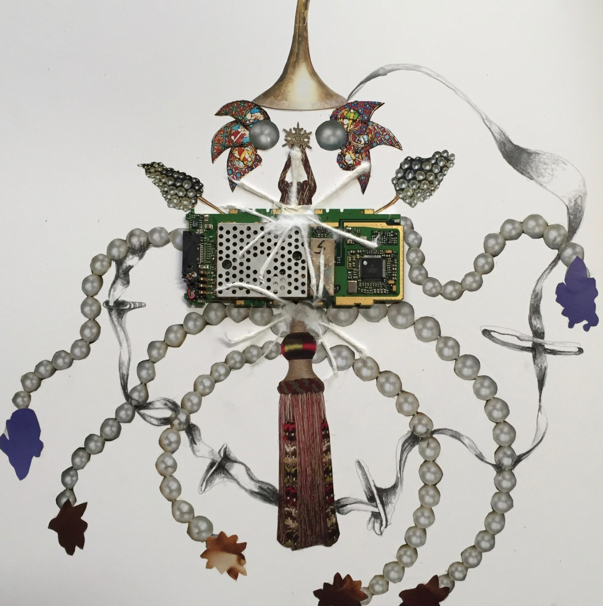 Mixed media artwork with electronic components, beads, and decorative elements arranged in a symmetrical design, resembling a stylized insect or creature.