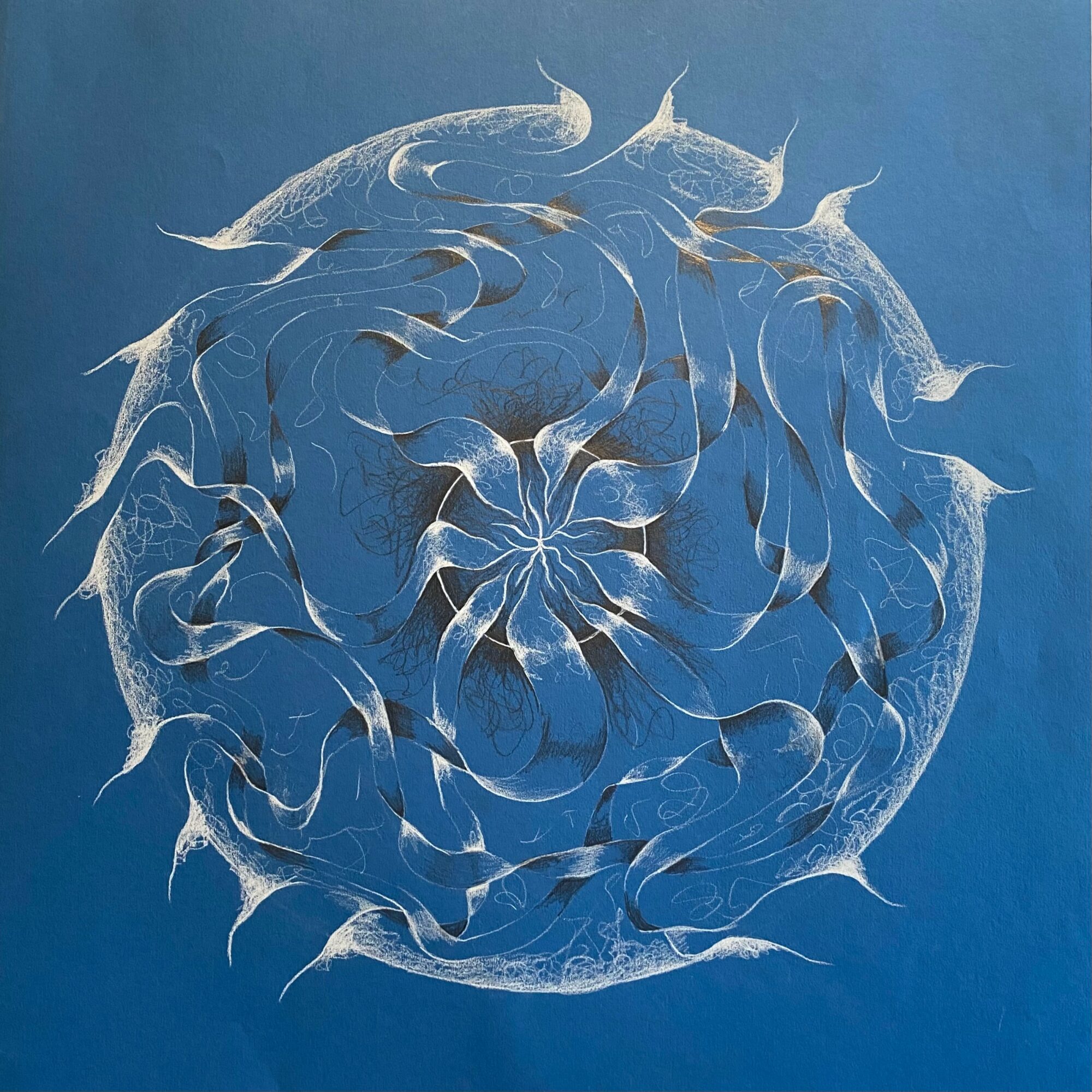 Abstract white design resembling a face or creature on a blue background, with swirling lines and shapes.