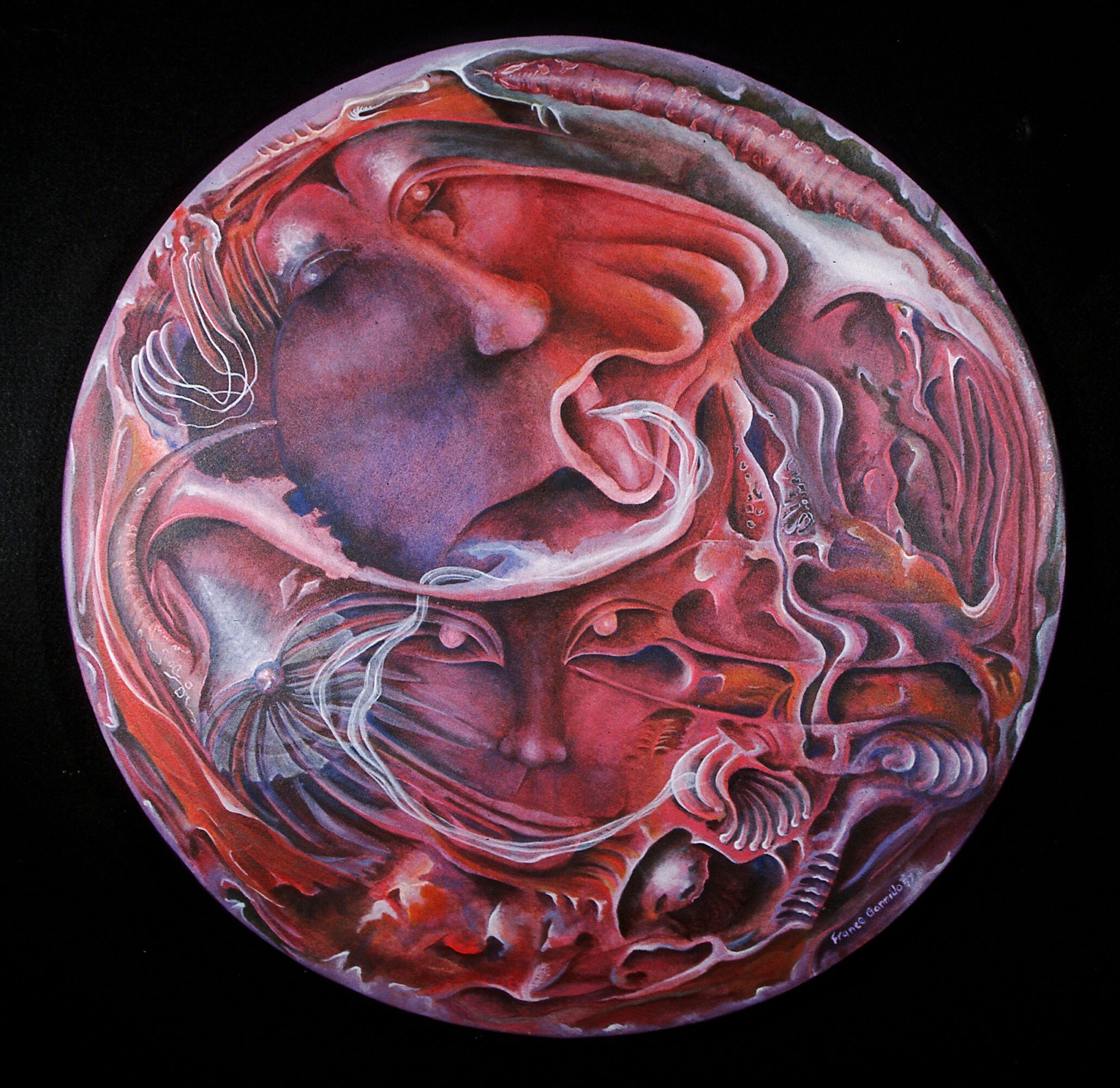 A circular abstract painting with swirling red, purple, and pink colors and intricate patterns inside a black background.