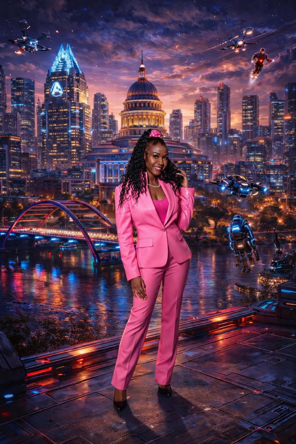 Woman in pink suit standing outdoors with city skyline and illuminated buildings at night behind her.