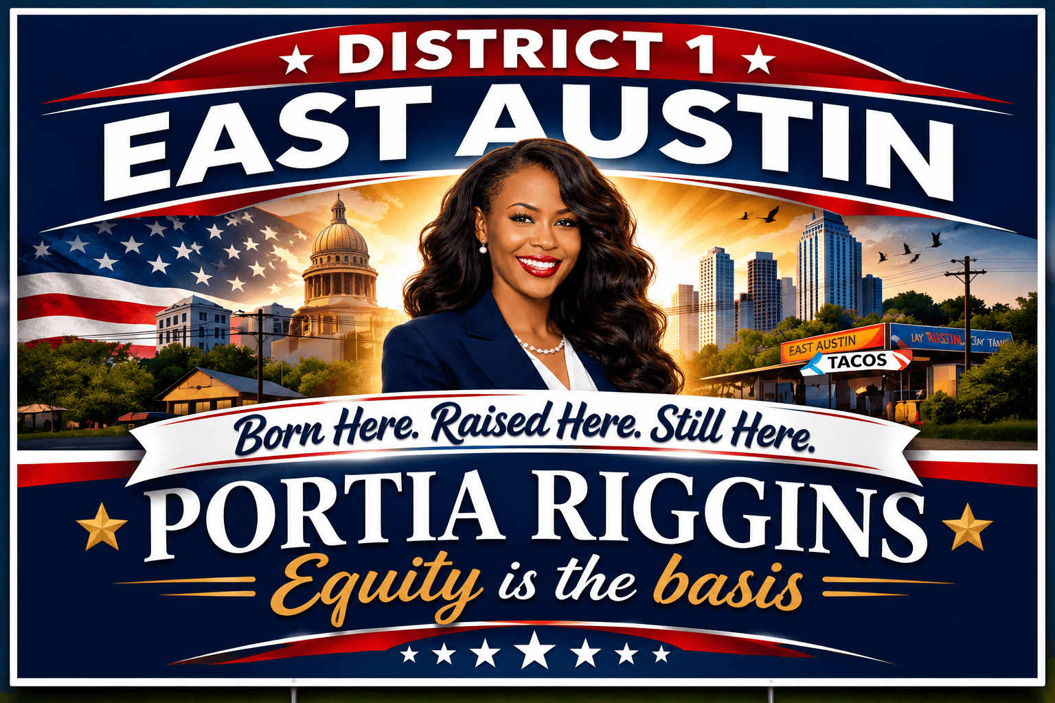 Campaign sign for East Austin District 1 featuring a smiling woman, city skyline, and patriotic elements, with text about Portia Riggins.
