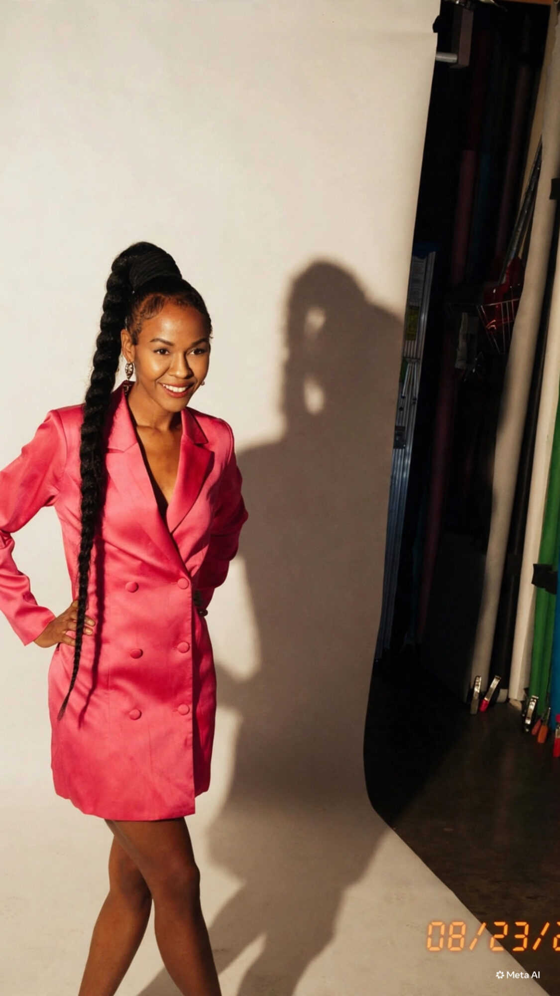Smiling woman with long braided hair in a pink blazer and skirt, standing against a plain background.