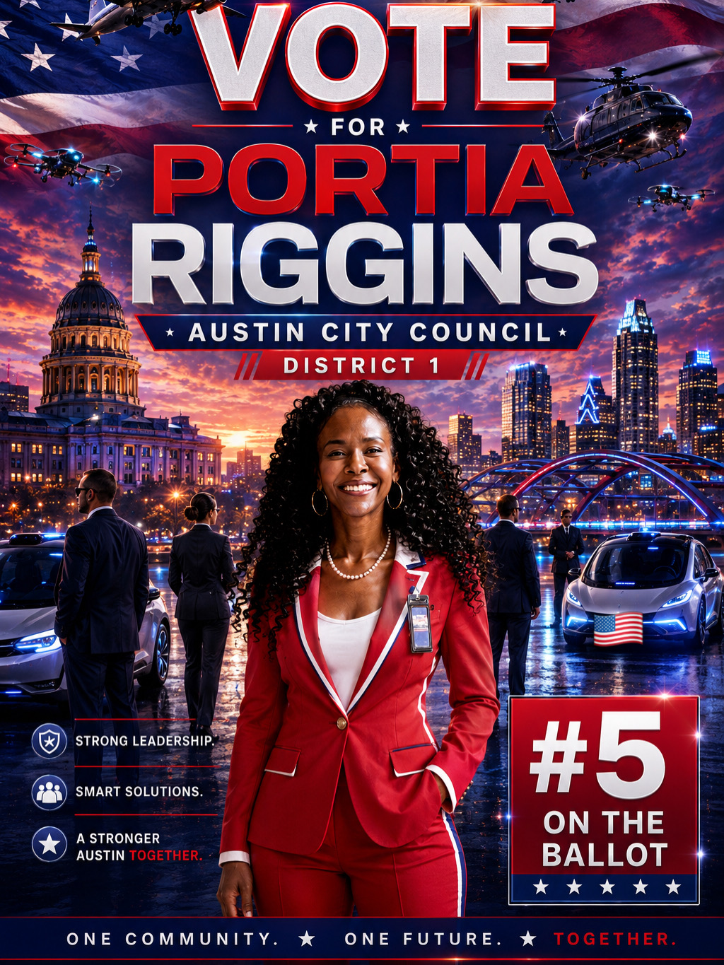 Woman in red blazer standing in cityscape with buildings and cars, promoting voting for Portia Riggins, District 1, with #5 on ballot.