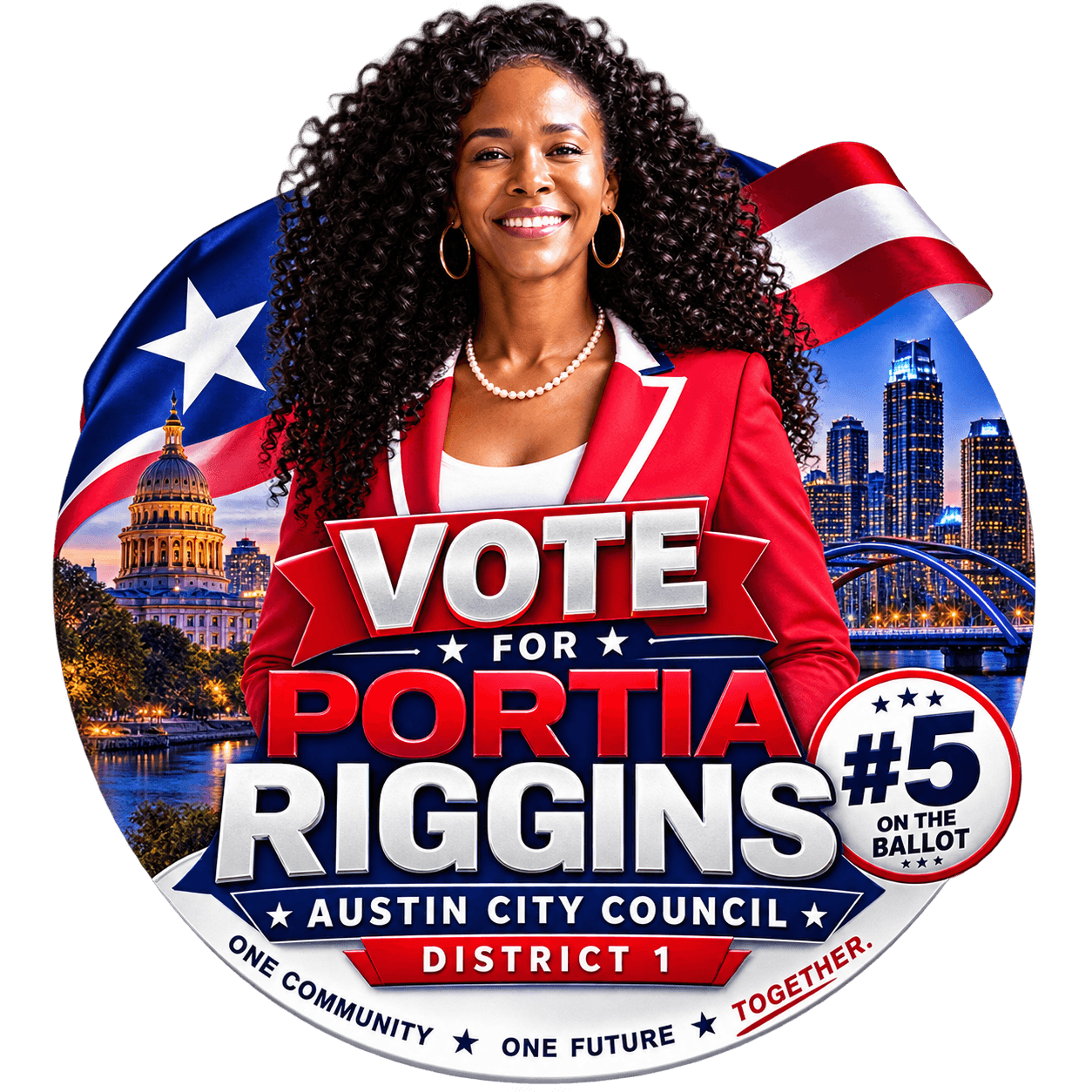 Woman smiling in red blazer with cityscape and American flag background, promoting voting for Portia Riggins for Austin City Council.