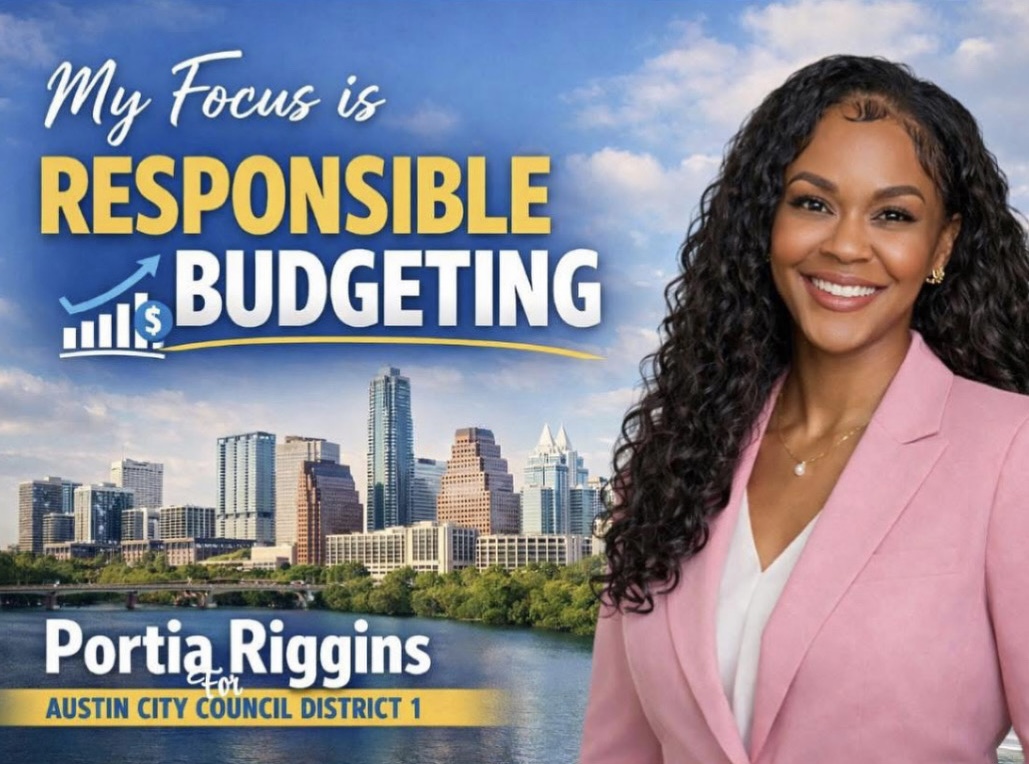 Smiling woman in pink blazer with city skyline background, promoting responsible budgeting for Portia Riggins.