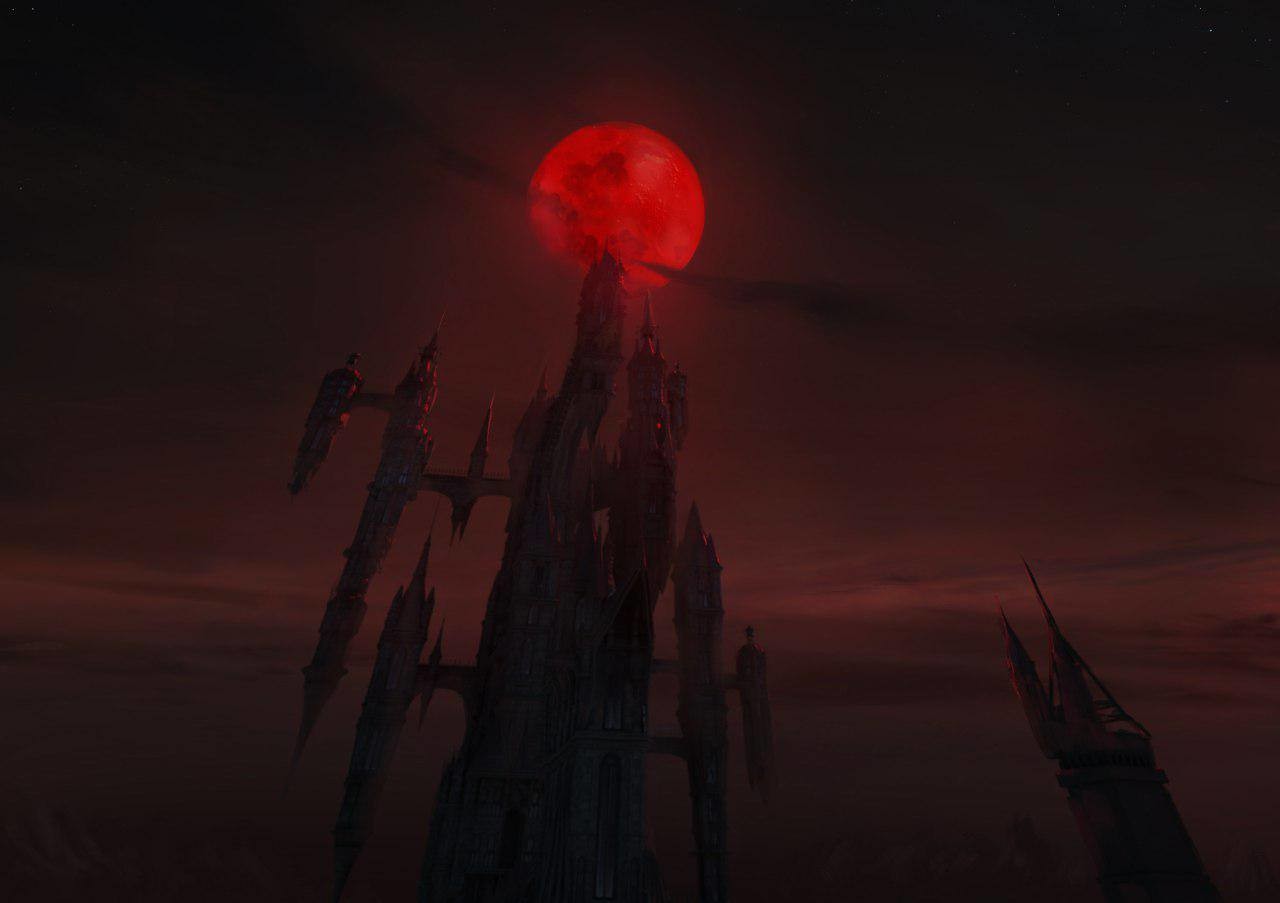 A dark tower with spires stands against a red moon in a night sky, with a ship nearby. Word count: 20.