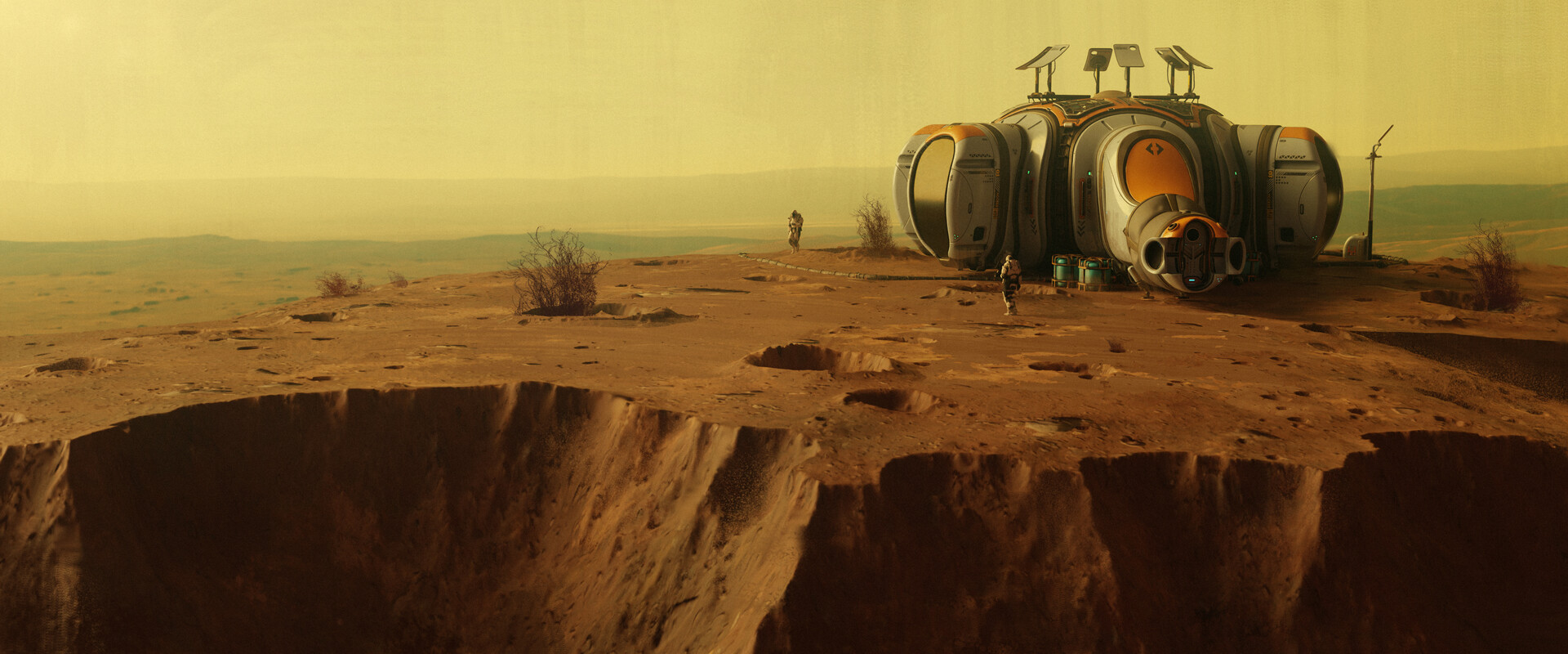 A spaceship crashed on a barren, desert-like landscape with a clear sky and distant horizon.