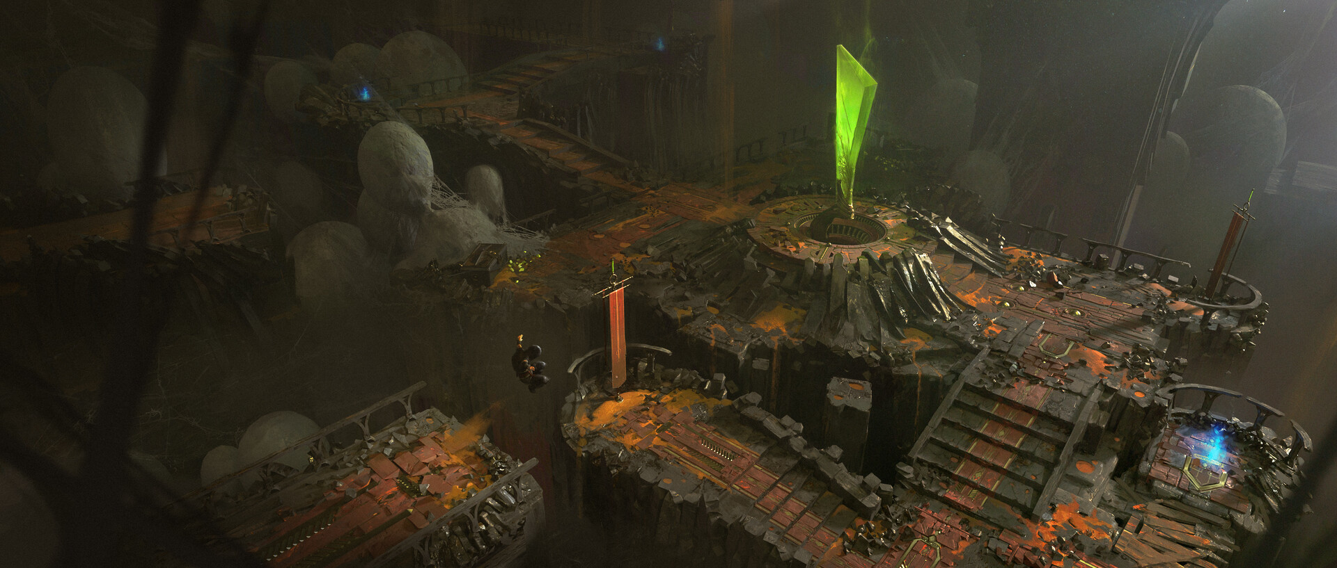 A model of a futuristic cityscape with buildings, stairs, and a green light, viewed through a glass surface.