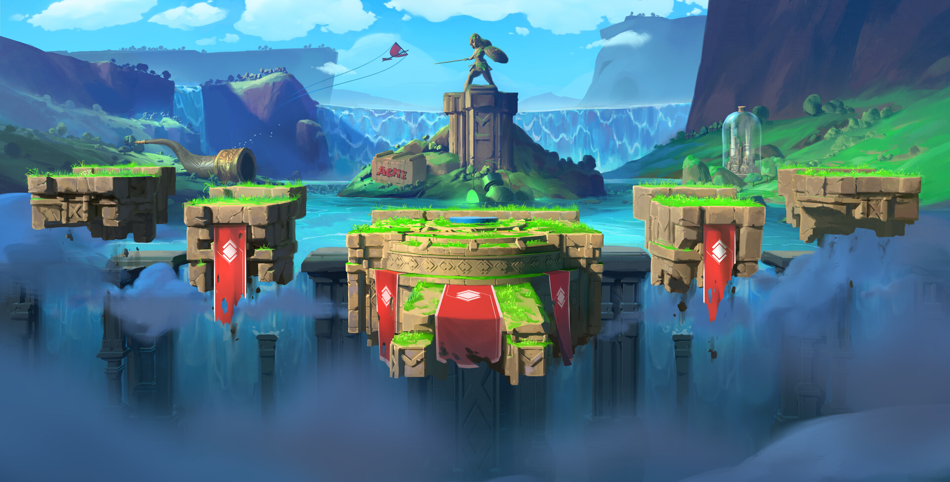 Floating island with structures, waterfalls, and a statue in a lush landscape, with mountains and sky in the background.
