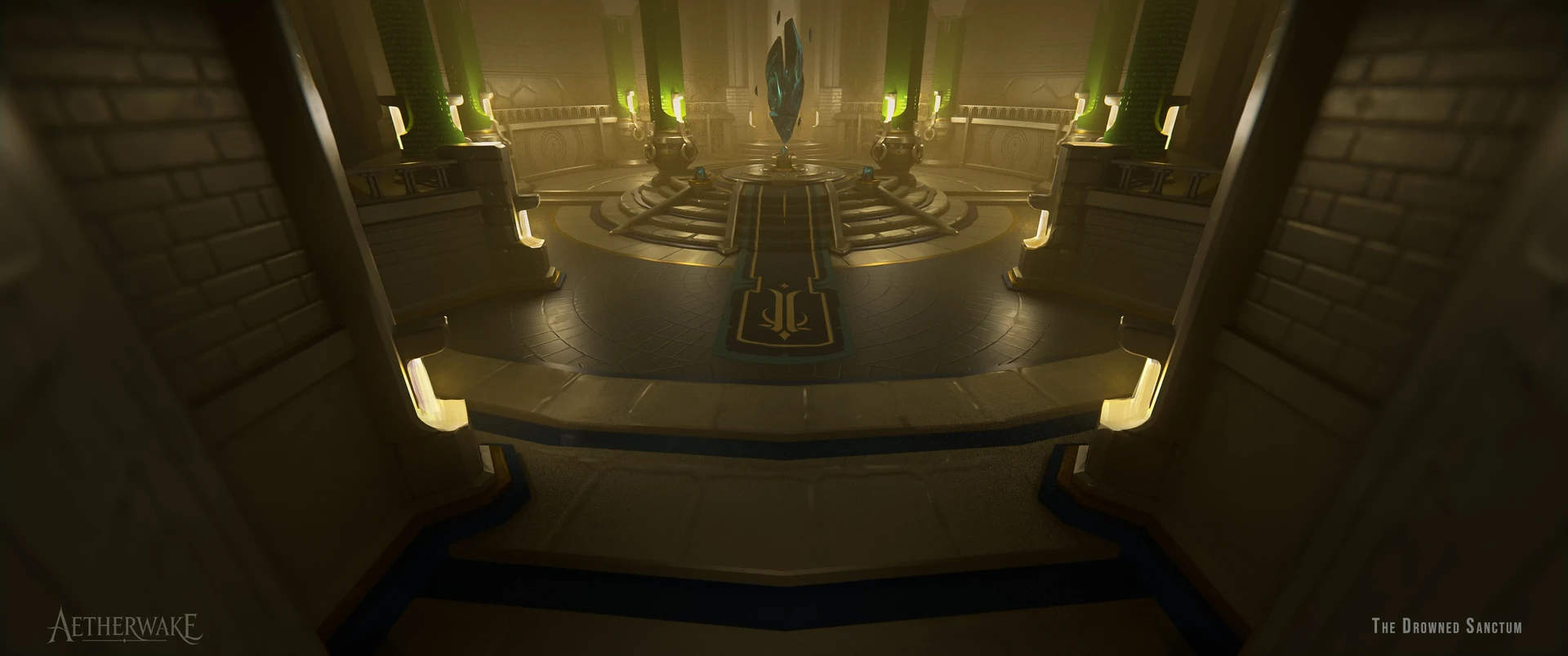 Symmetrical interior with a central glowing structure, illuminated by greenish lights, and two seating areas on each side.