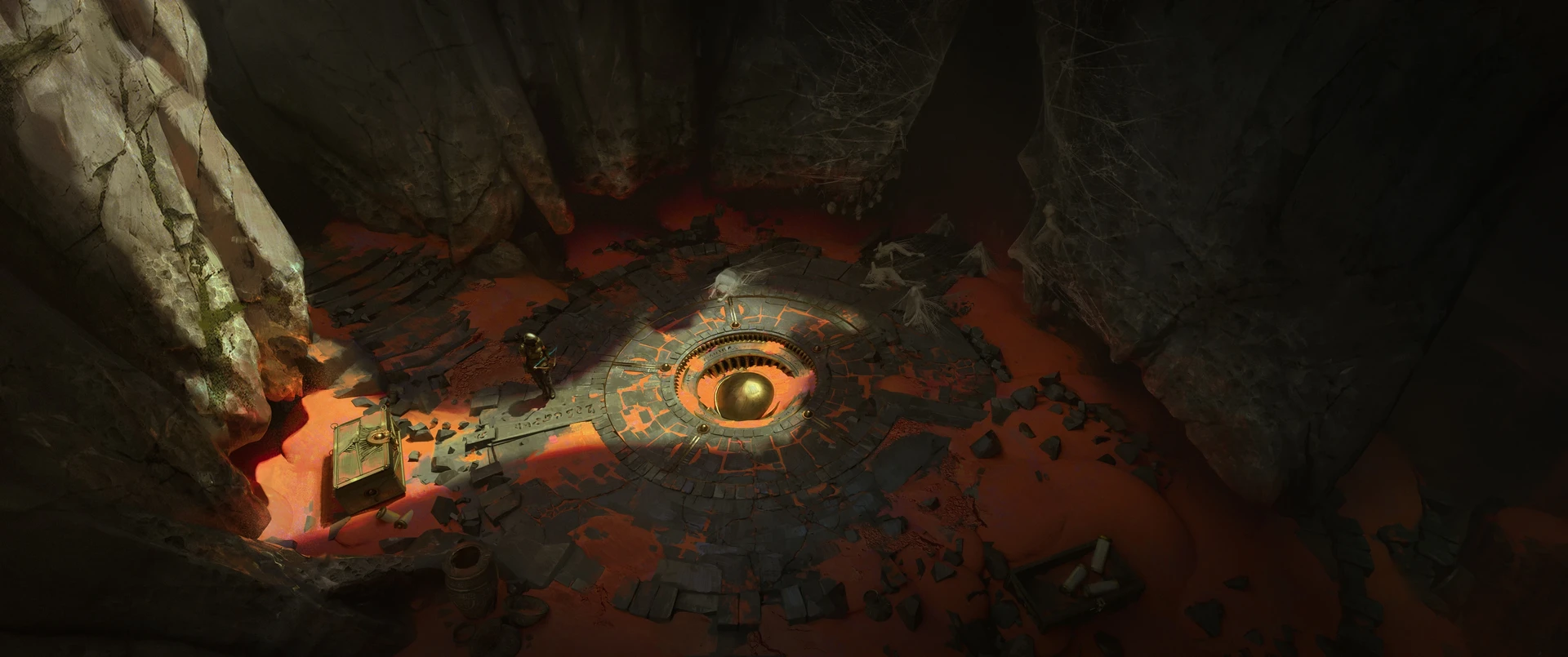 A circular opening in the ground with a glowing eye symbol inside, surrounded by rocks and scattered objects.