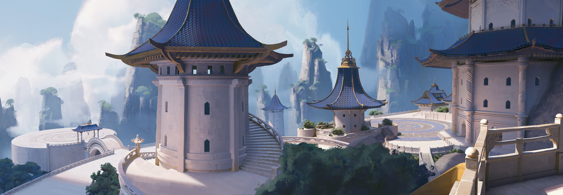 Fantasy-style city with pagoda-like buildings, towers, and bridges in a misty landscape.