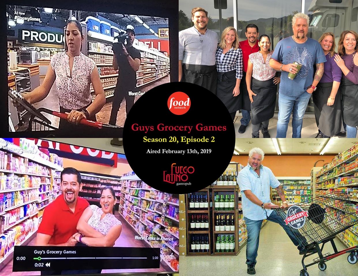 Group of people shopping in a grocery store, with a woman pushing a shopping cart, and a man holding a basket, smiling. A woman with a shopping cart is in the background. A group photo of people standing outside a store. A woman shopping in a grocery aisle. A promotional graphic for 'Guys Grocery Games' season 20, episode 2, aired February 14th, 2019.