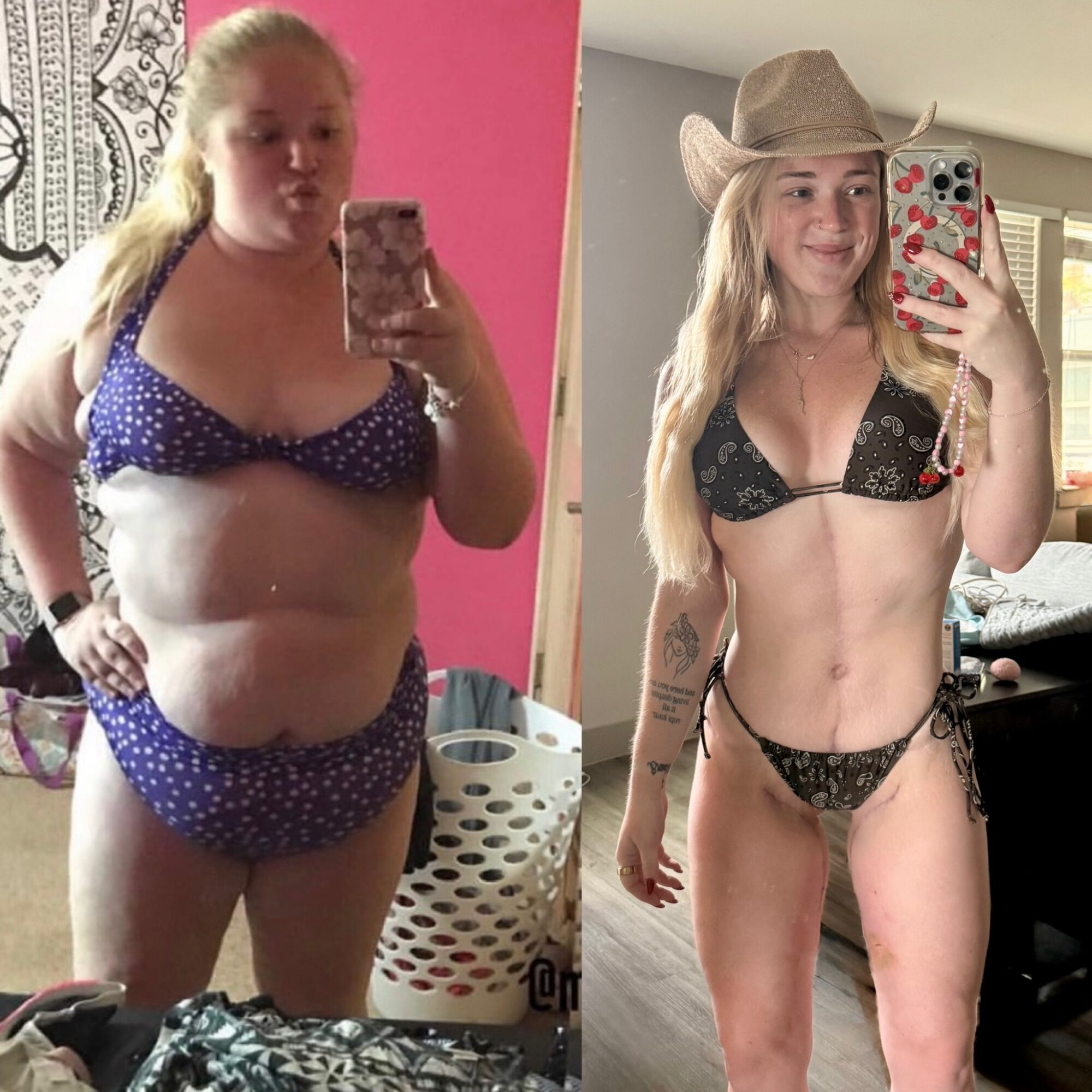 Side-by-side photos of a woman before and after weight loss, taking mirror selfies in different outfits.