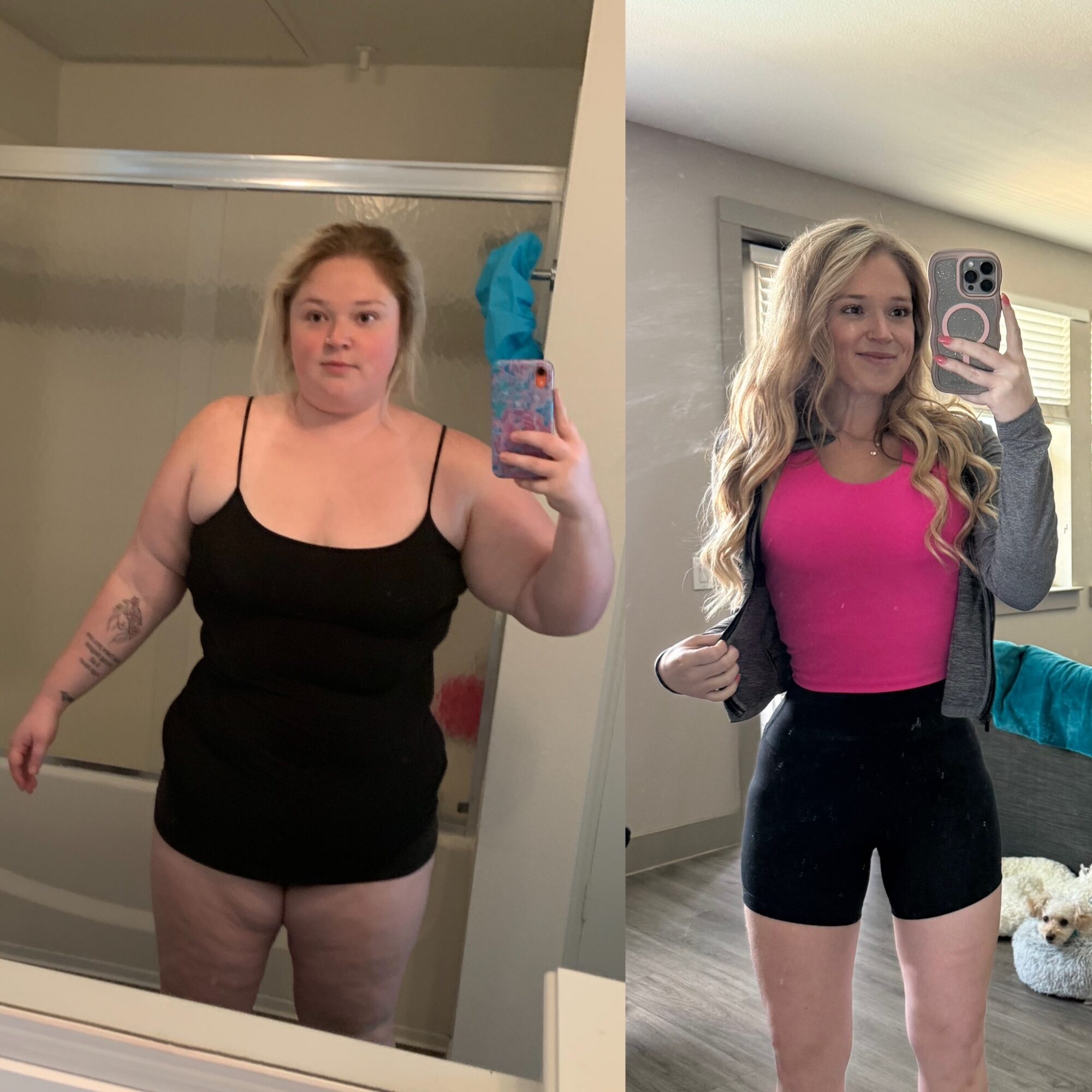 Two women taking mirror selfies, one in a black outfit, the other in a pink top and black shorts, smiling.