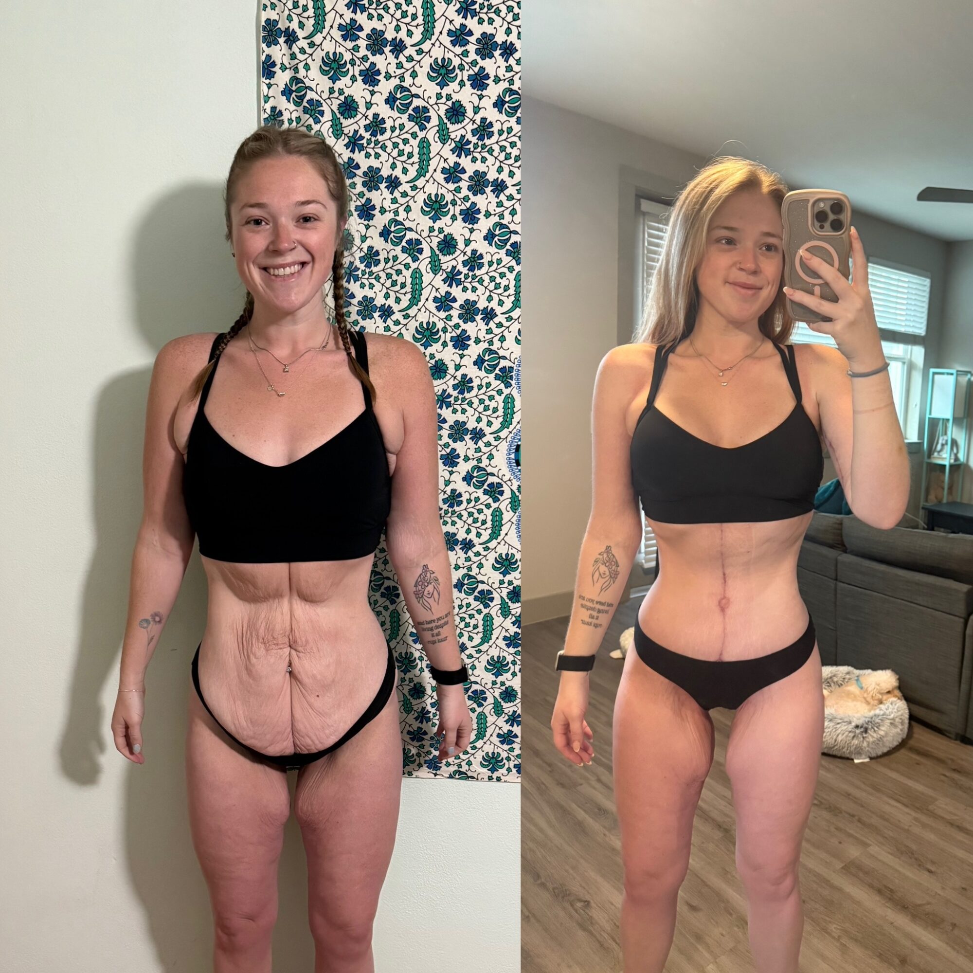 Side-by-side photos of a woman before and after fitness progress, smiling, in black sports bra and underwear, in different indoor settings.